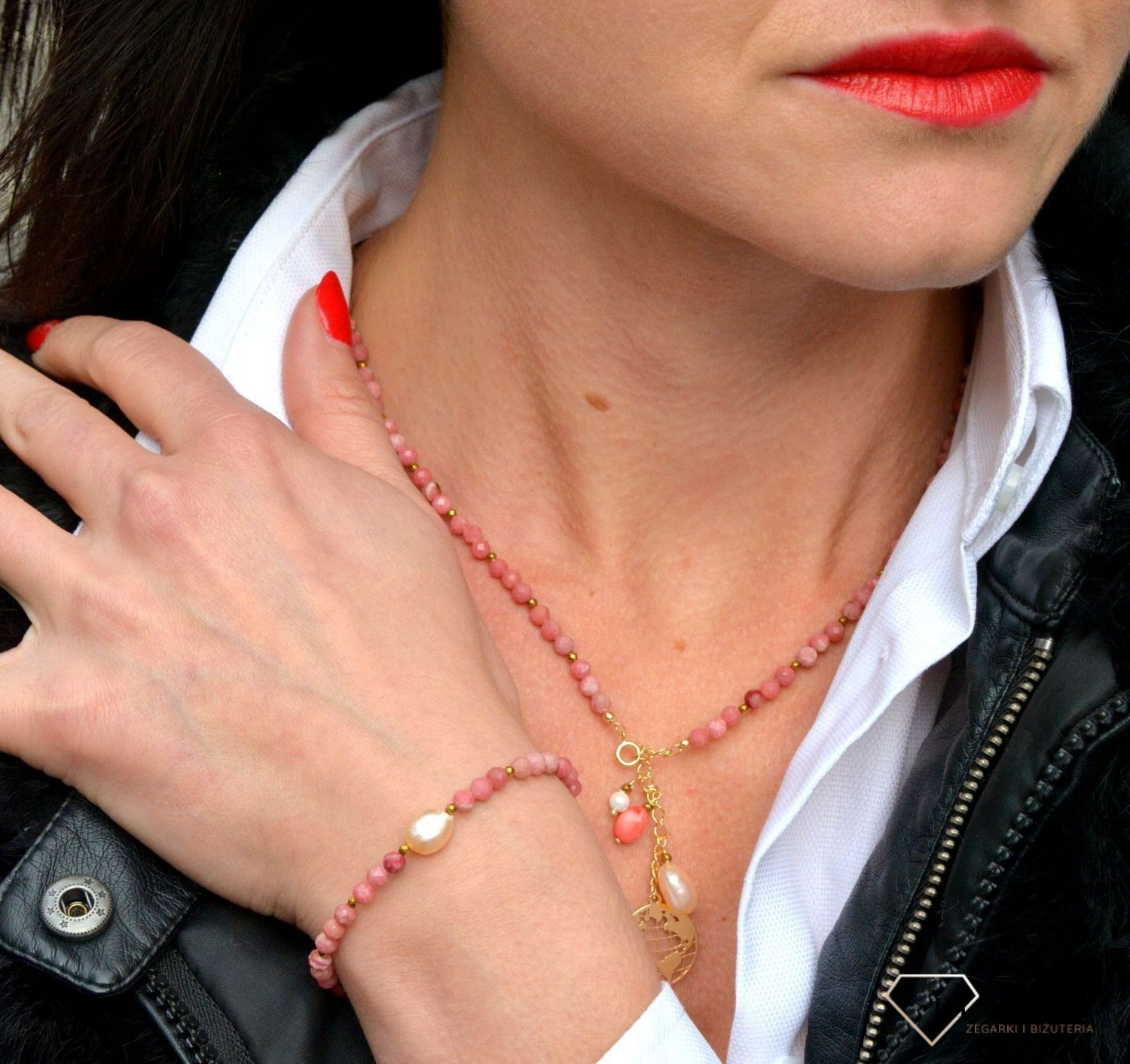 Bransoletka damska z kamieni naturalnych rodonit, perła, hematyt DIA-BRA-4004-925.jpg