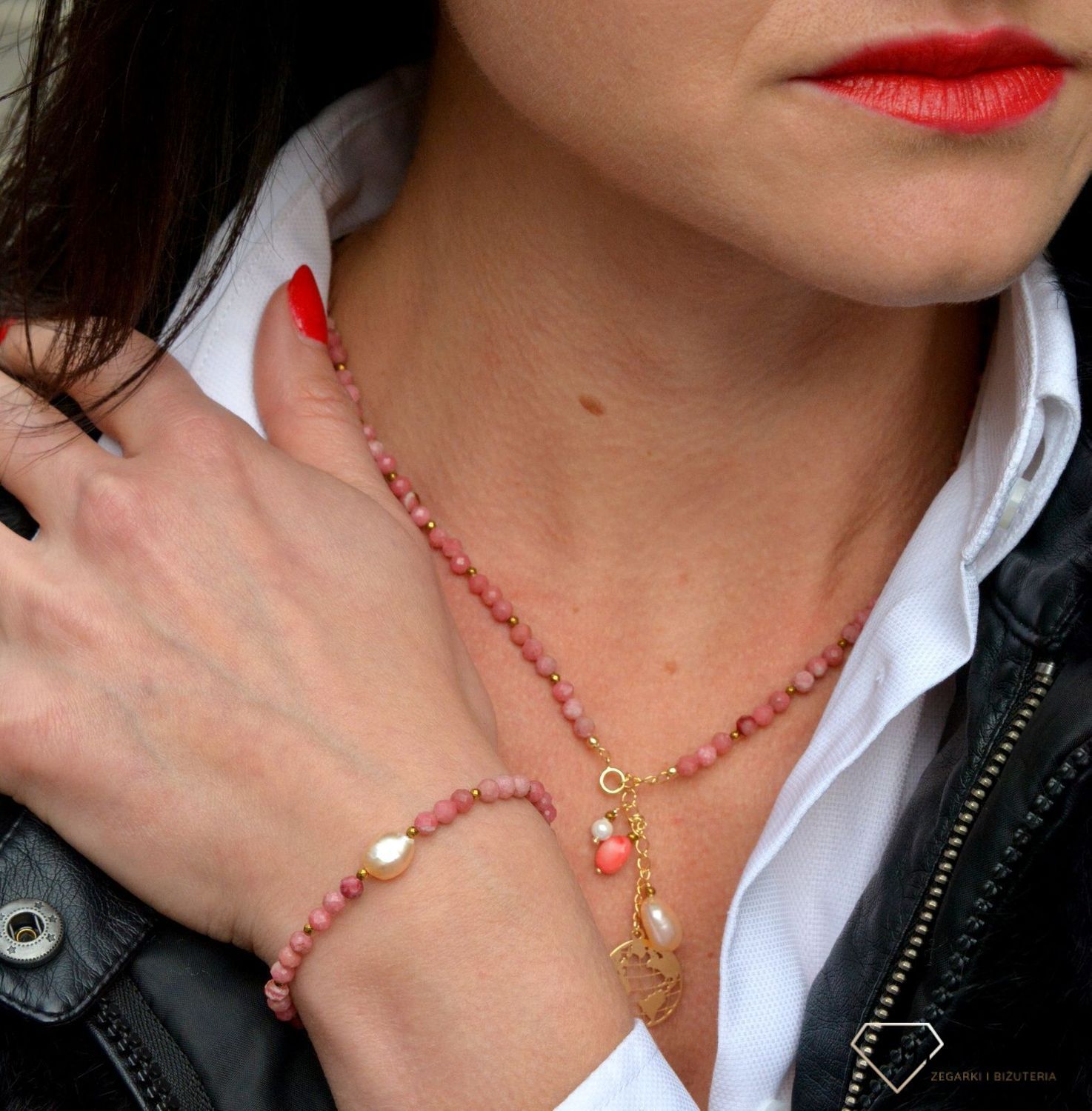 Bransoletka damska z kamieni naturalnych rodonit, perła, hematyt DIA-BRA-4004-925.jpg