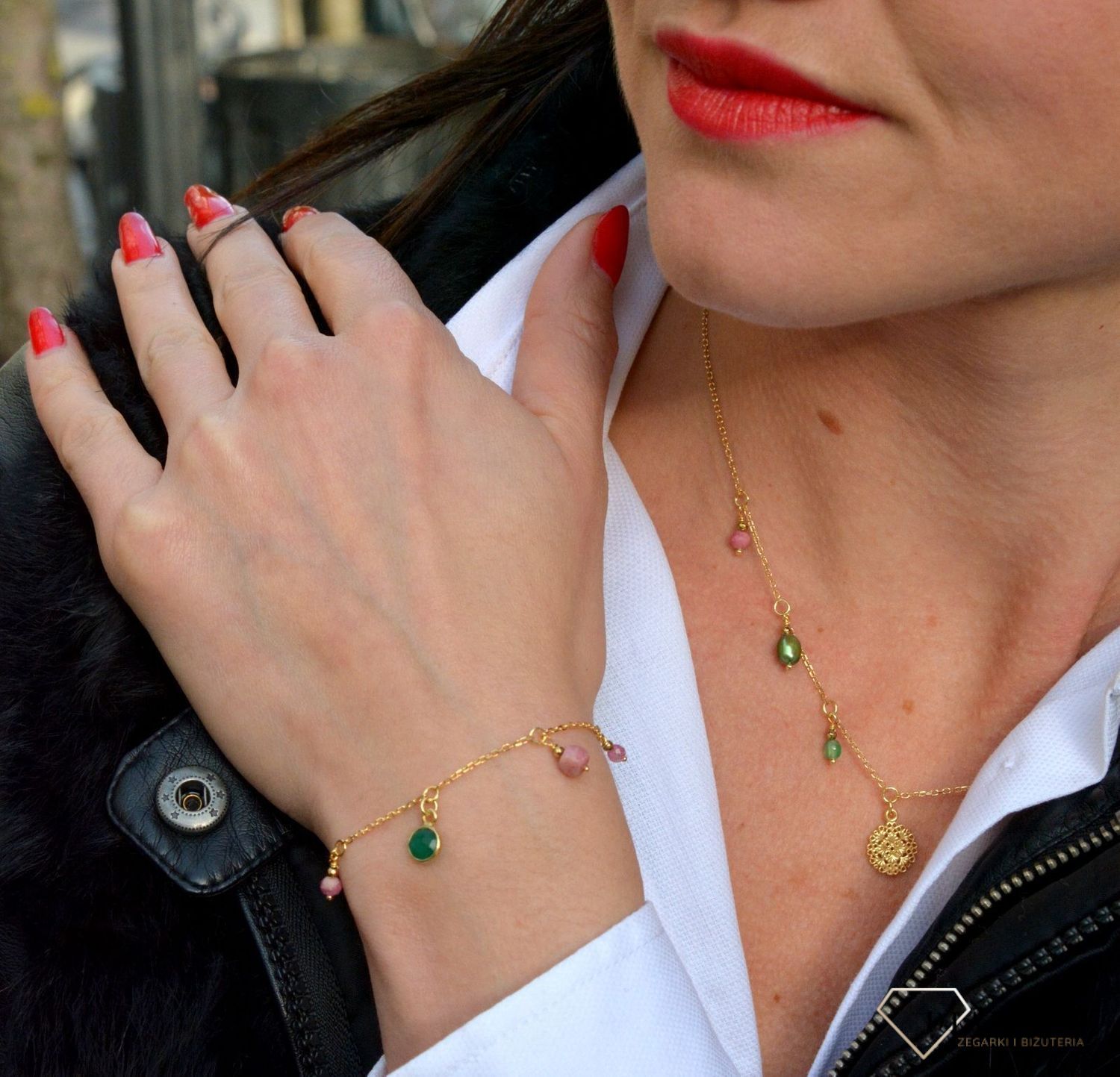 Bransoletka damski z kamieniami naturalnymi zielony onyks, rodonit, perła, turmalin DIA-BRA-4023-925.jpg