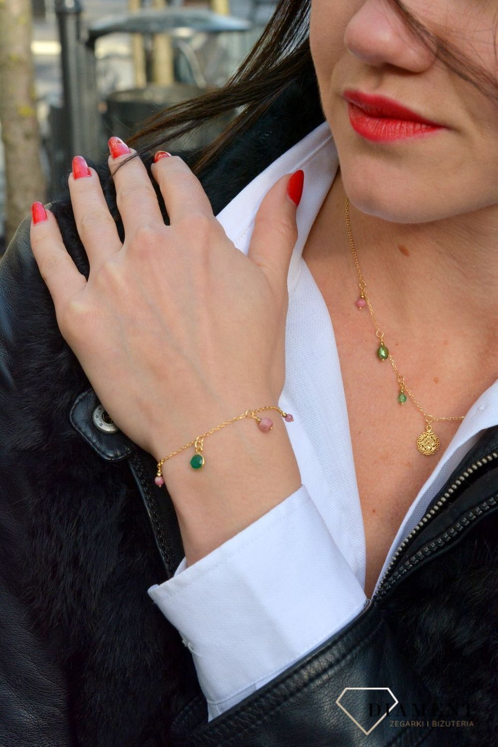 Bransoletka damski z kamieniami naturalnymi zielony onyks, rodonit, perła, turmalin DIA-BRA-4023-925.jpg