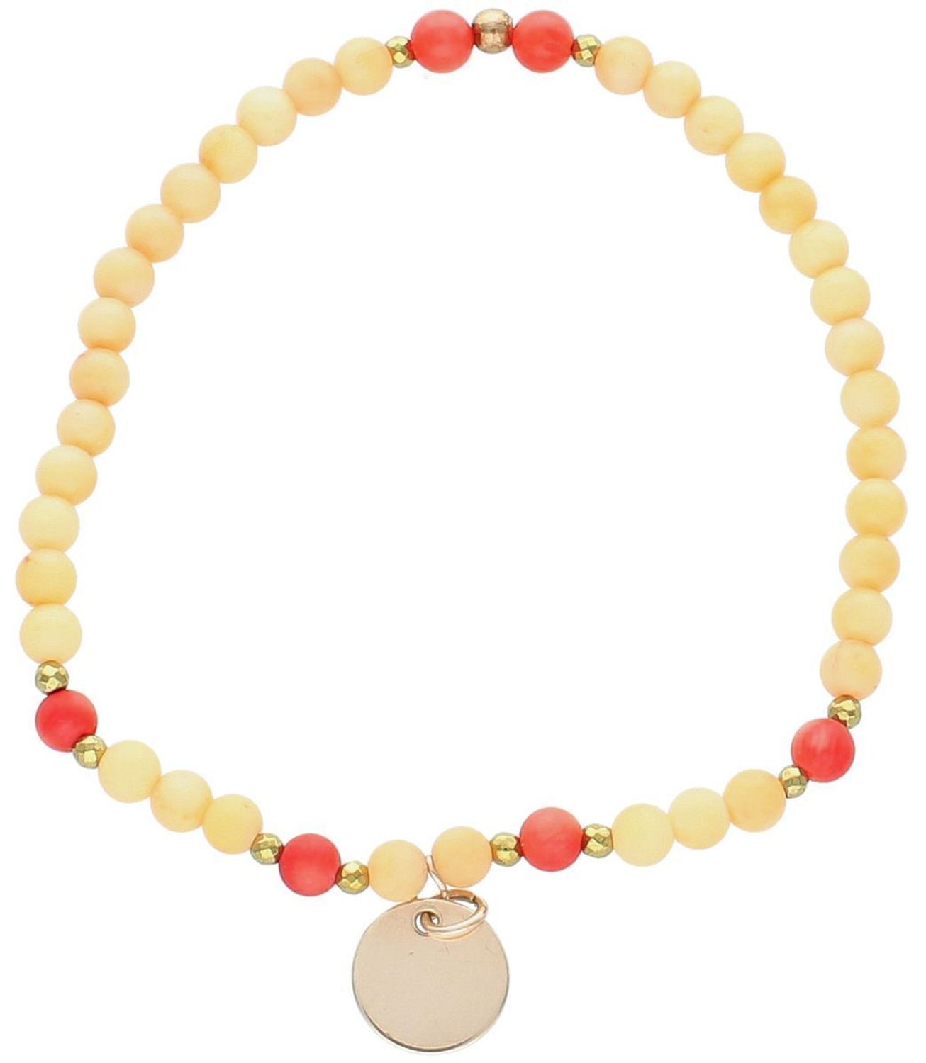 Bransoletka z naturalnym czerwonym i pomarańczowym koralem na elastycznej gumce, ozdobiona pozłacaną blaszką ze srebra próby 925. Waga 4,15 g – stylowa i wygodna biżuteria.1.jpg