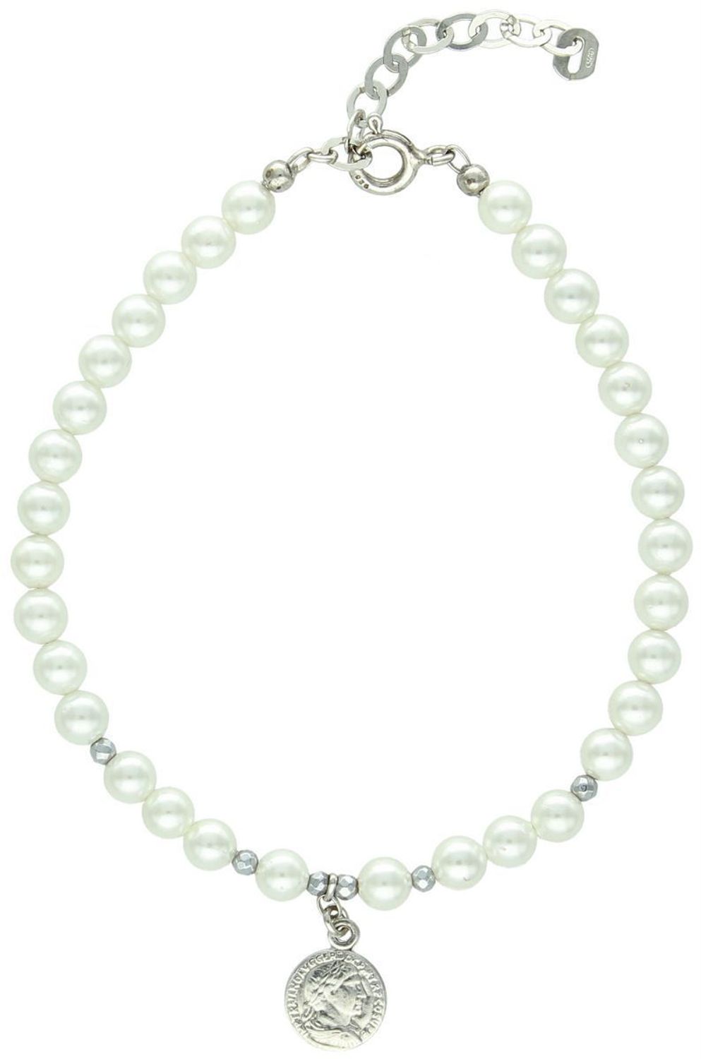 Bransoletka srebrna 925 z perłą Majorka, hematytem i zawieszką-moneta (8 mm). Długość 16+3 cm, zapięcie karabińczyk. Elegancka i z charakterem.1.jpg