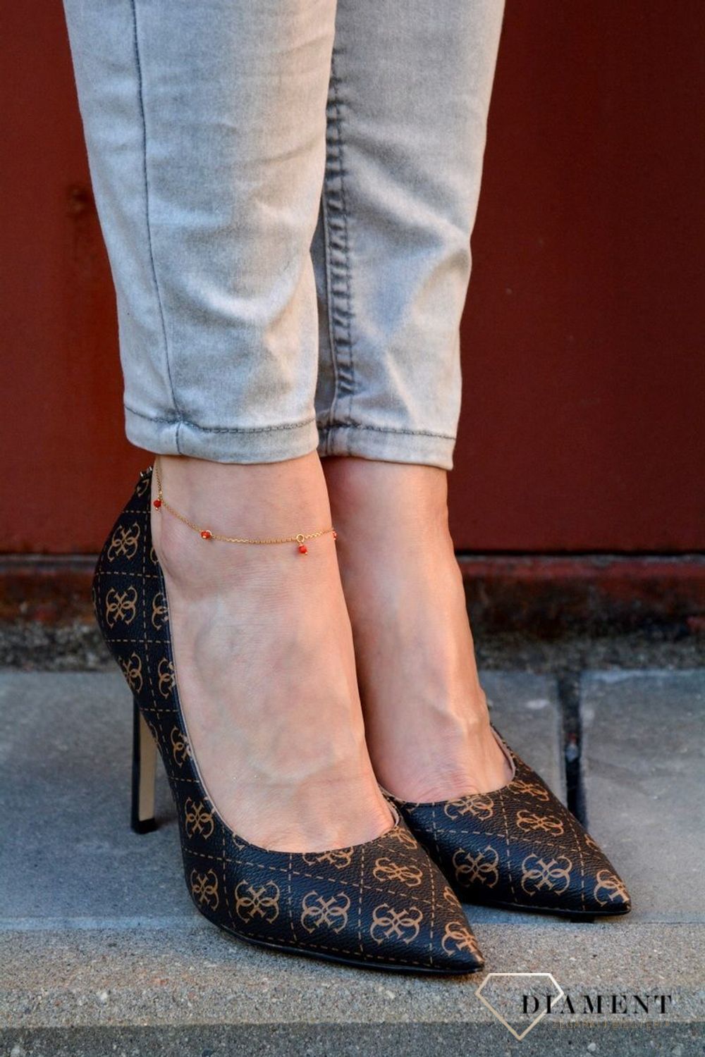 Srebrna pozłacana bransoletka na nogę z czerwonymi kryształami DIA-BRA-4067-925.jpg