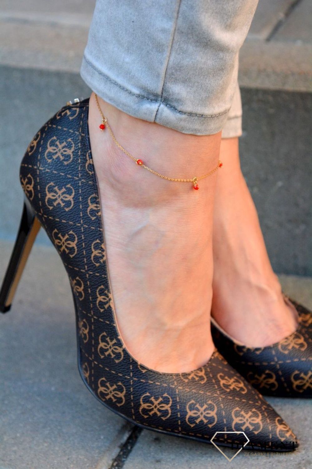 Srebrna pozłacana bransoletka na nogę z czerwonymi kryształami DIA-BRA-4067-925.jpg