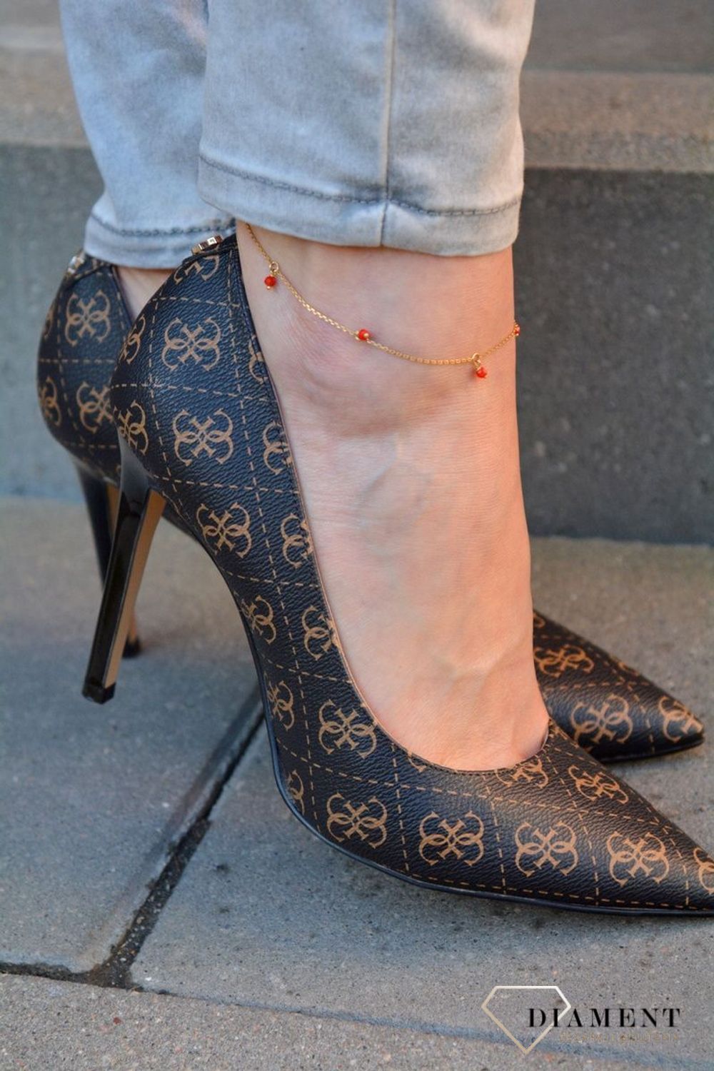 Srebrna pozłacana bransoletka na nogę z czerwonymi kryształami DIA-BRA-4067-925.jpg