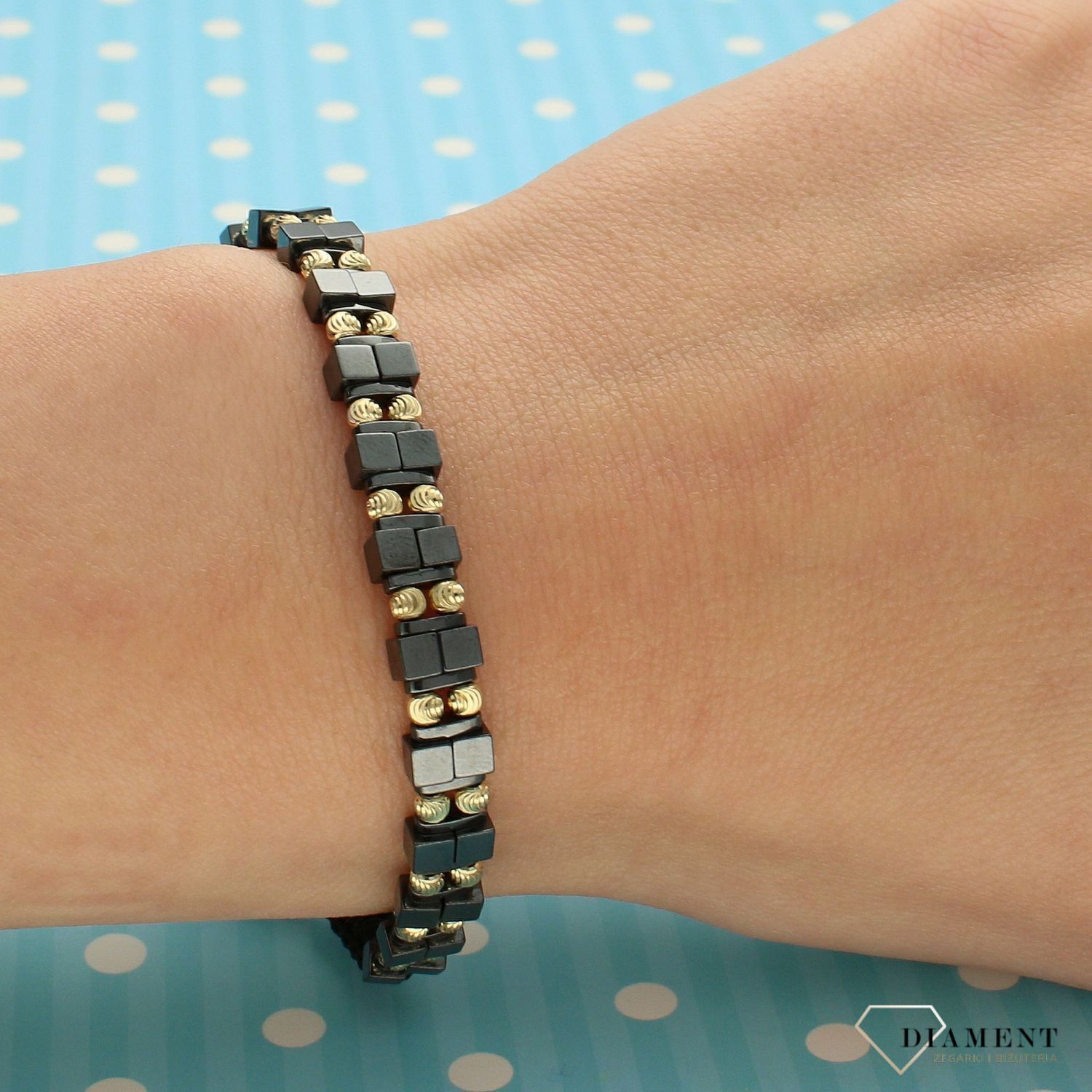 Bransoletka na sznureczku złote kuleczki z hematytem DIA-BRA-4180-585 (1).jpg