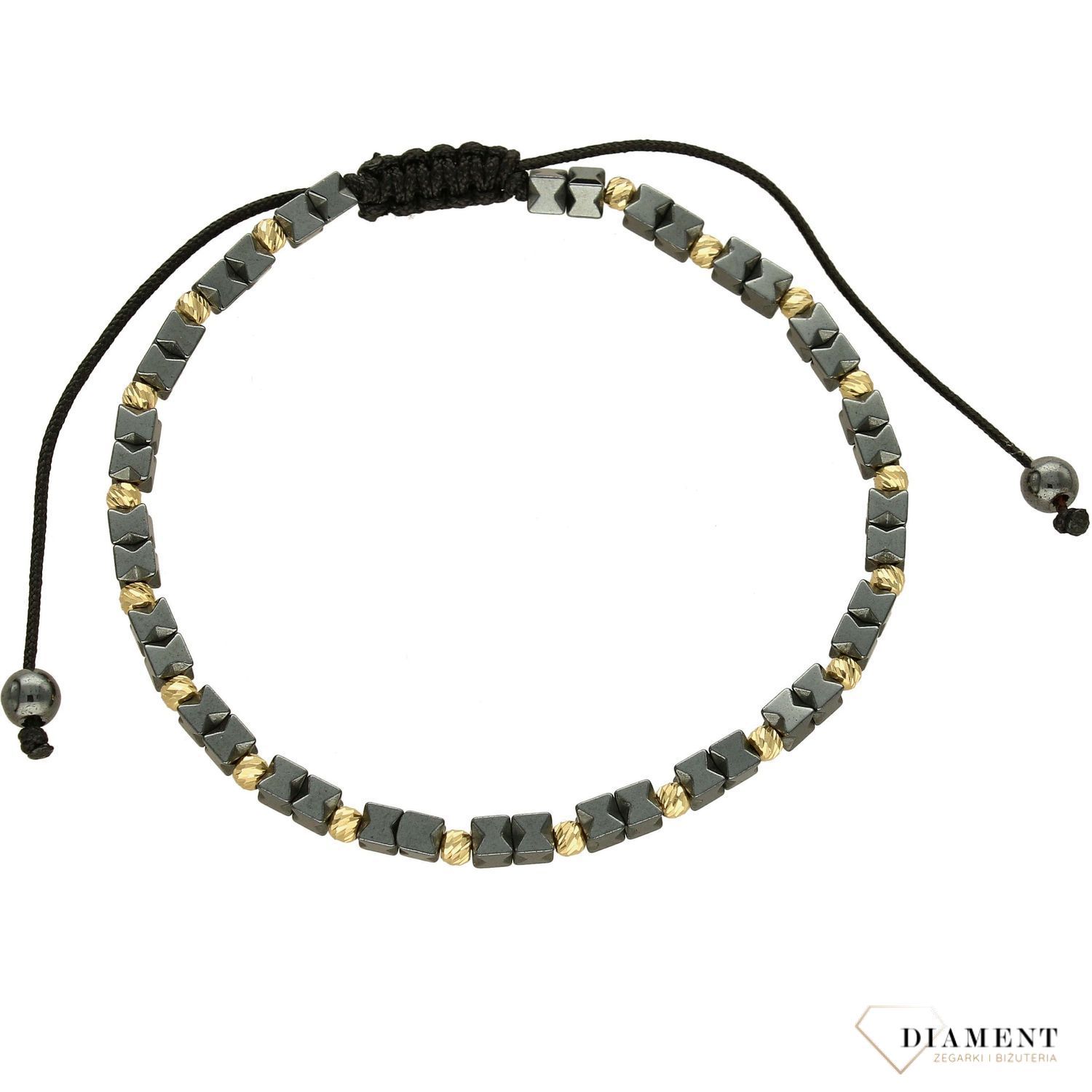 Bransoletka na sznureczku kwadratowy hematyt i złote kuleczki DIA-BRA-4182-585 (1).jpg