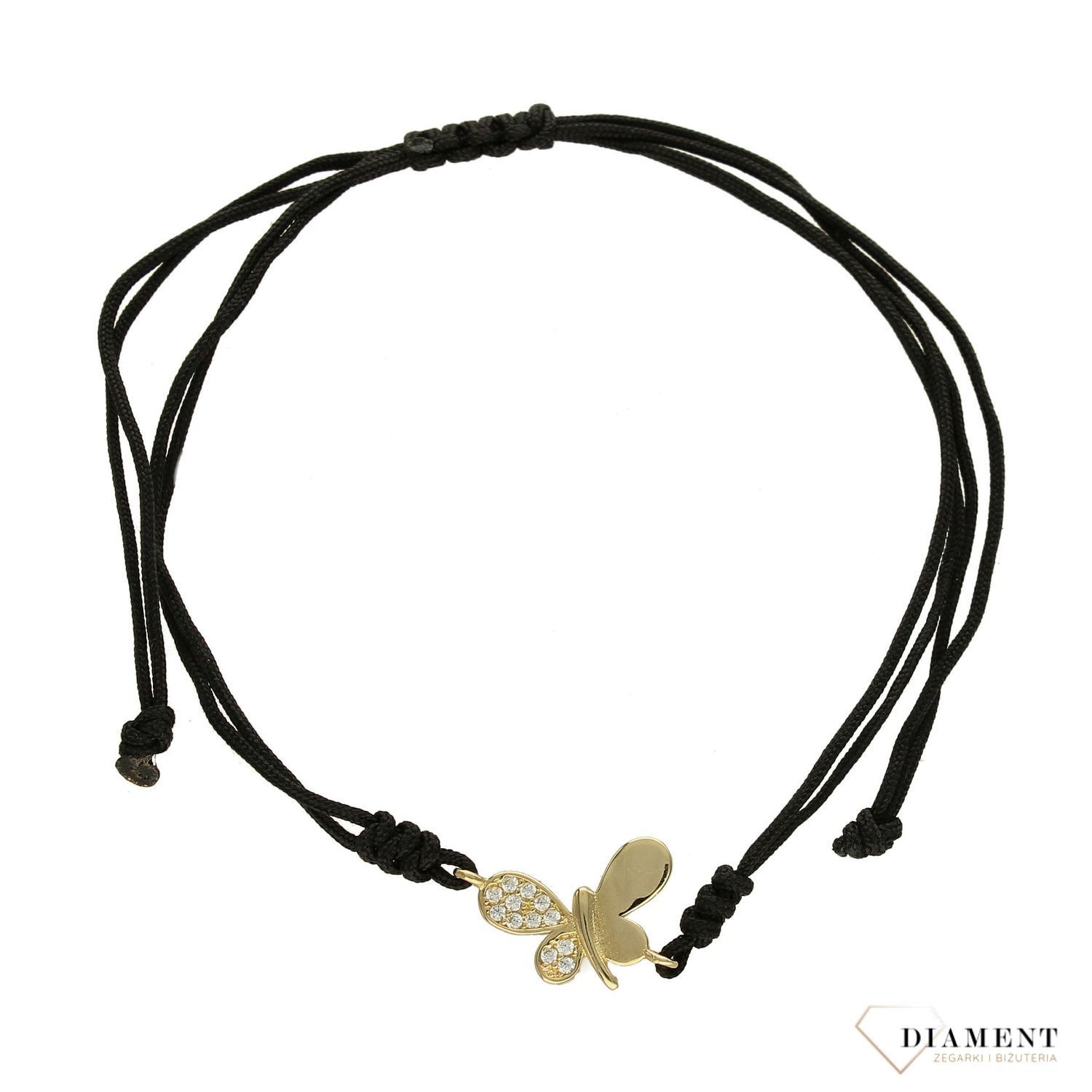Złota bransoletka na czarnym sznurku z motylkiem ozdobionym cyrkonią DIA-BRA-4184-585 (1).jpg
