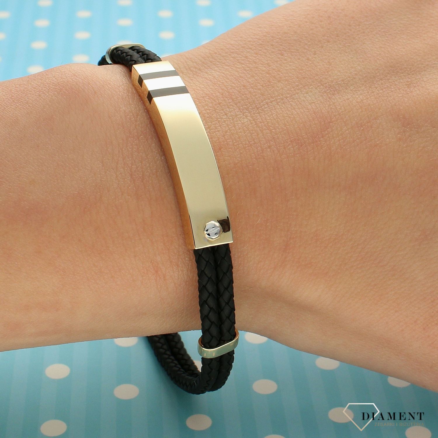 Złota bransoletka z blaszką na skórzanej plecionce DIA-BRA-4190-585 (1).jpg