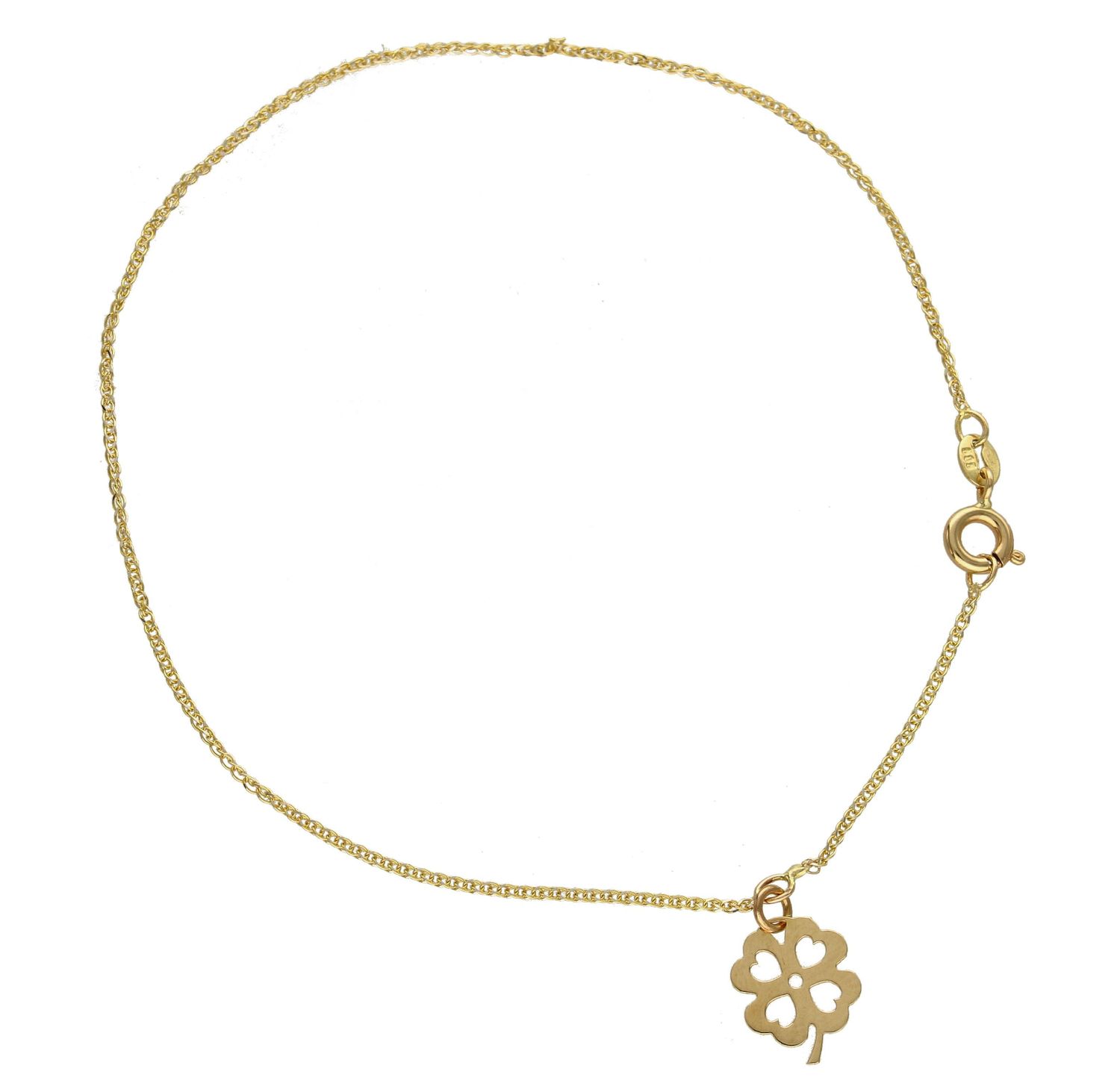 Złota bransoletka na nogę z wiszącą koniczynką DIA-BRA-4221-585.jpg