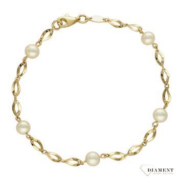 Złota bransoletka z perełkami DIA-BRA-4241-585. Uroczy złota bransoletka, w którym delikatny łańcuszek ozdobiony został zawieszką w kształcie serca oraz dwóch perełek. Idealny na prezent. Bransoletka z perłami (1).jpg