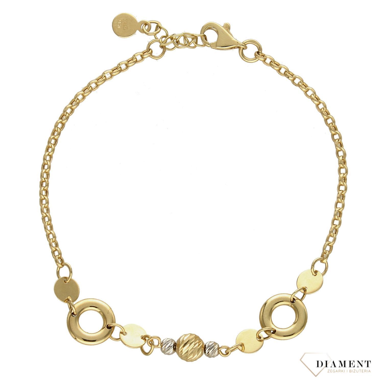 Złota bransoletka z grawerowanymi kuleczkami oraz gładkimi kółkami DIA-BRA-4251-585.Bransoletka składa się z grawerowanych złotych kuleczek w kolorze żółtym oraz złotym (1).jpg