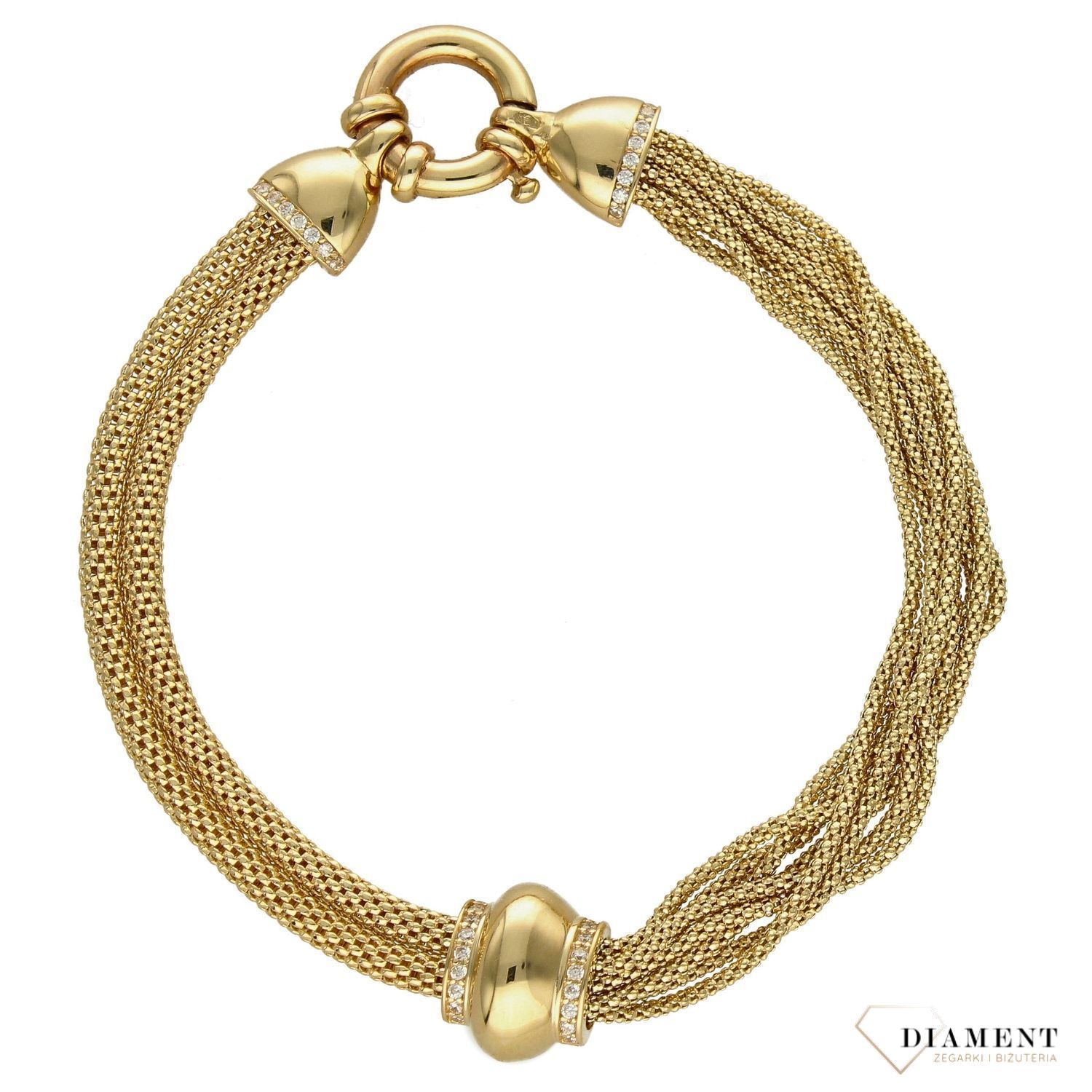 Złota bransoletka o nowoczesnym wyglądzie z łańcuszkami DIA-BRA-4253-585. Bransoletka posiada ozdobioną kuleczkę na środku ozdobioną błyszczącą cyrkonią (1).jpg