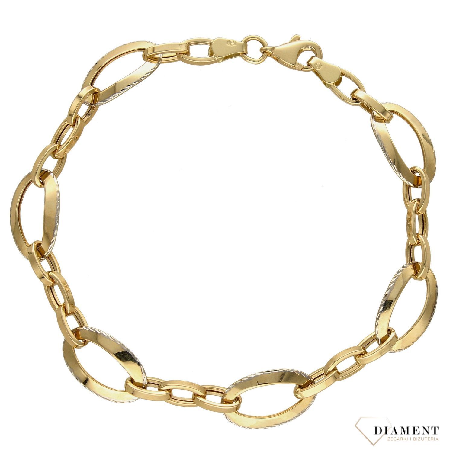 Złota bransoletka ogniwa z grawerowanym białym złotem DIA-BRA-4254-585. Bransoletka składa się z prostych blaszek w kształcie kółek (1).jpg