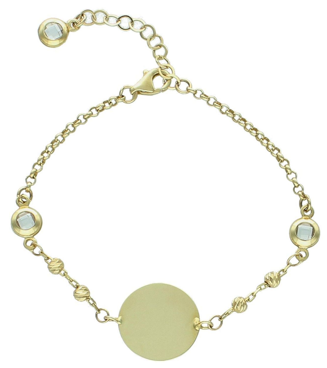 Bransoletka złota blaszka okrągła pr 585, DIA-BRA-4383-585 Złota bransoletka wykonana z 14 karatowego żółtego złota. Powstała z połączenia okrągłej blaszki, kuleczek grawerowanych i cyrkonii w białym kolorze1.jpg