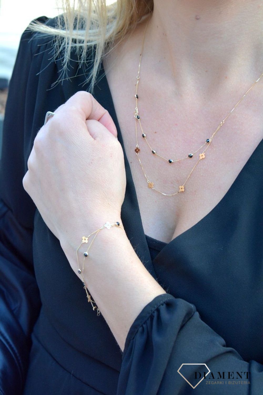 Złota bransoletka celebrytka podwójny łańcuszek z kwiatkami i czarną cyrkonią DIA-BRA-4455-585.jpg
