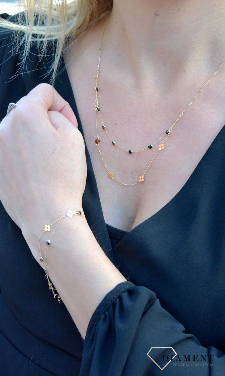 Złota bransoletka celebrytka podwójny łańcuszek z kwiatkami i czarną cyrkonią DIA-BRA-4455-585.jpg
