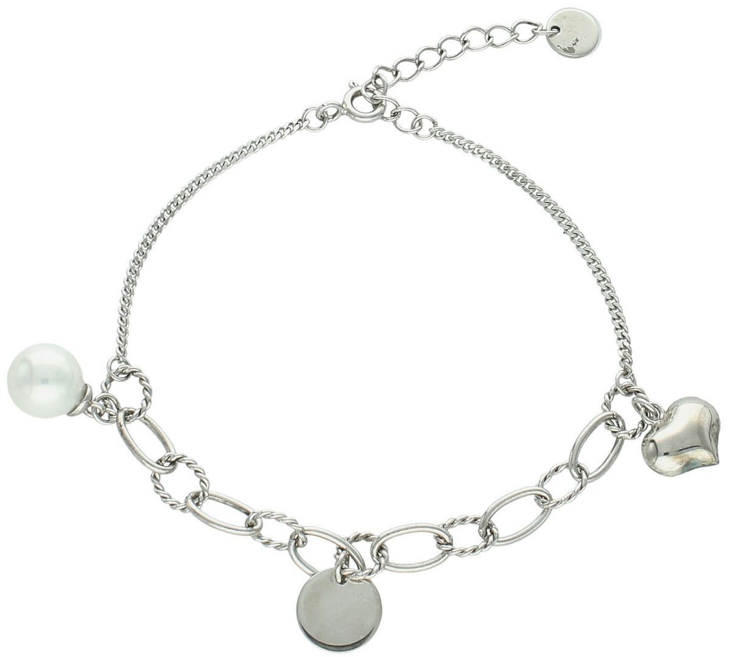 Bransoletka damska srebrna z zawieszkami próba 925, DIA-BRA-4647-925 Elegancka bransoletka damska wykonana z wysokiej jakości srebra próby 925, model z zawieszkami wiszącą perełką 1.jpg