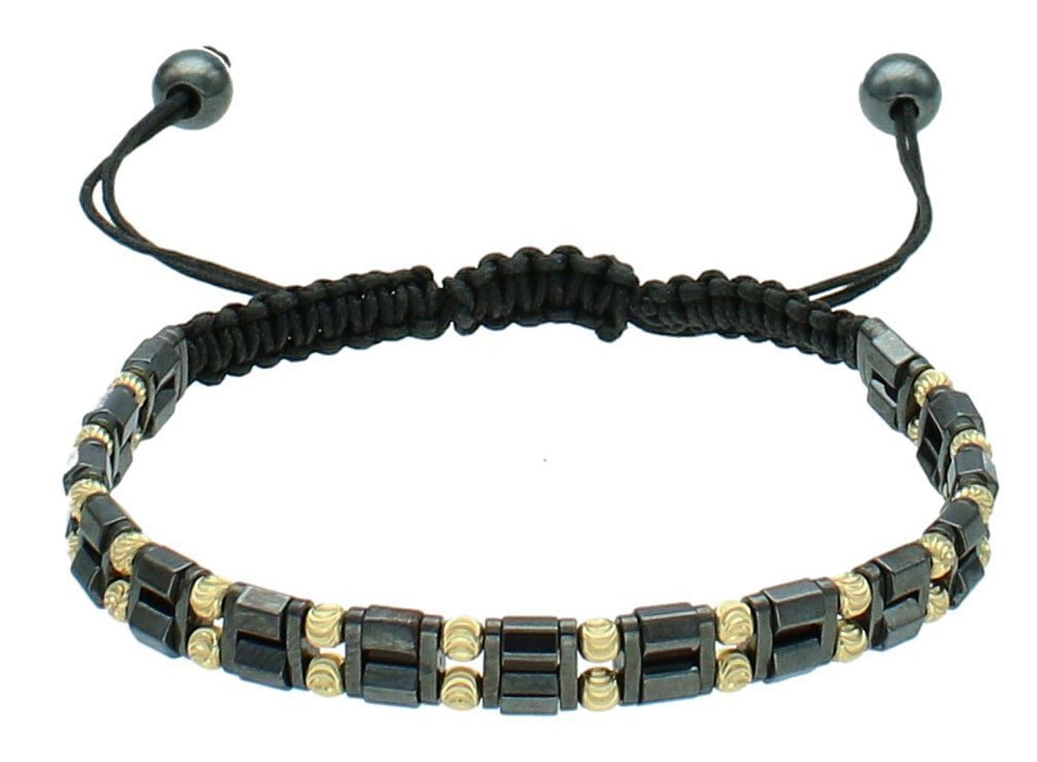 Bransoletka złota sznureczek z hematytem pr 585, DIA-BRA-4811-585 Bransoleta złota z czarnym sznurkiem, ozdobiona grawerowanymi kuleczkami i kamieniem hematytem to bardzo modny, nowoczesny 11.jpg