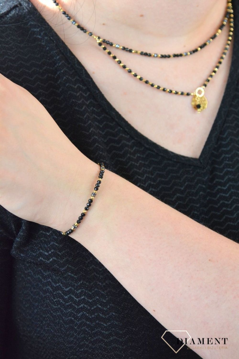 Bransoletka damska naturalne kamienie turmalin, hematyt, tytan DIA-BRA-4867-925.jpg