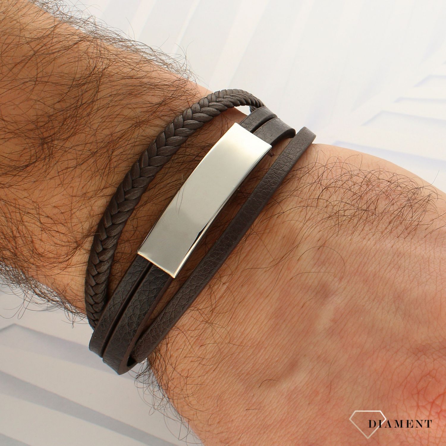 Bransoletka męska skórzana brązowe paski z blaszką do graweru DIA-BRA-5006-STAL (1).jpg