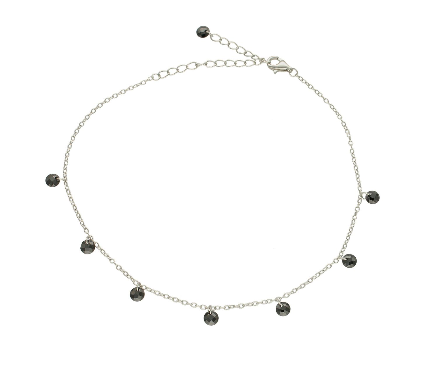 Srebrna bransoletka na nogę łańcuszek z czarnymi kryształkami DIA-BRA-51763-925. Bransoletka na kostkę wykonana z wysokiej jakości srebra próby 925. Bransoletka składa się z gładkiego łańcuszka ozdobionego czarnymi kryształkam.jpg