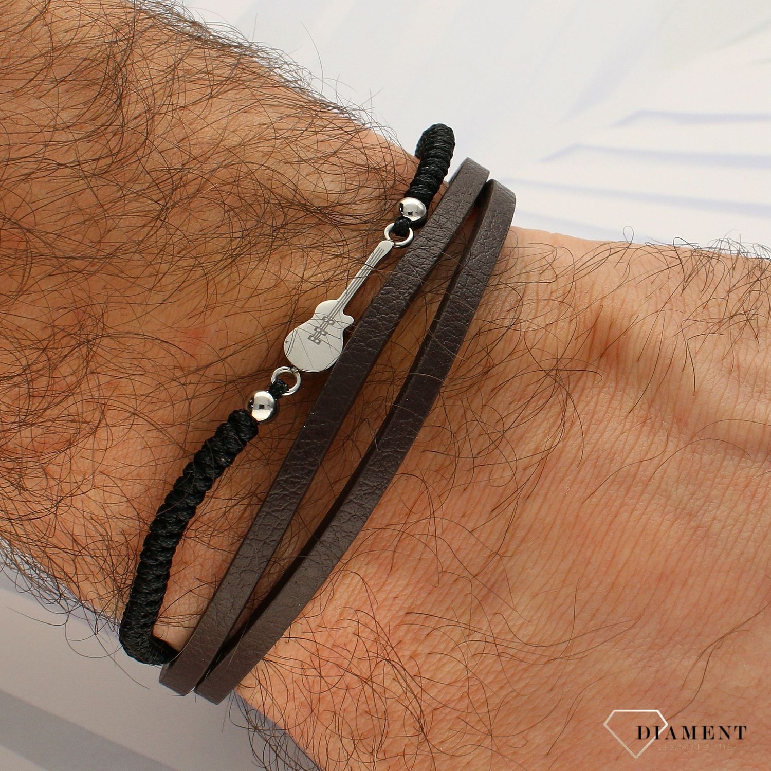 Bransoletka męska skórzana 'Brązowa z gitara elektryczna'DIA-BRA-5500-STAL (1).jpg