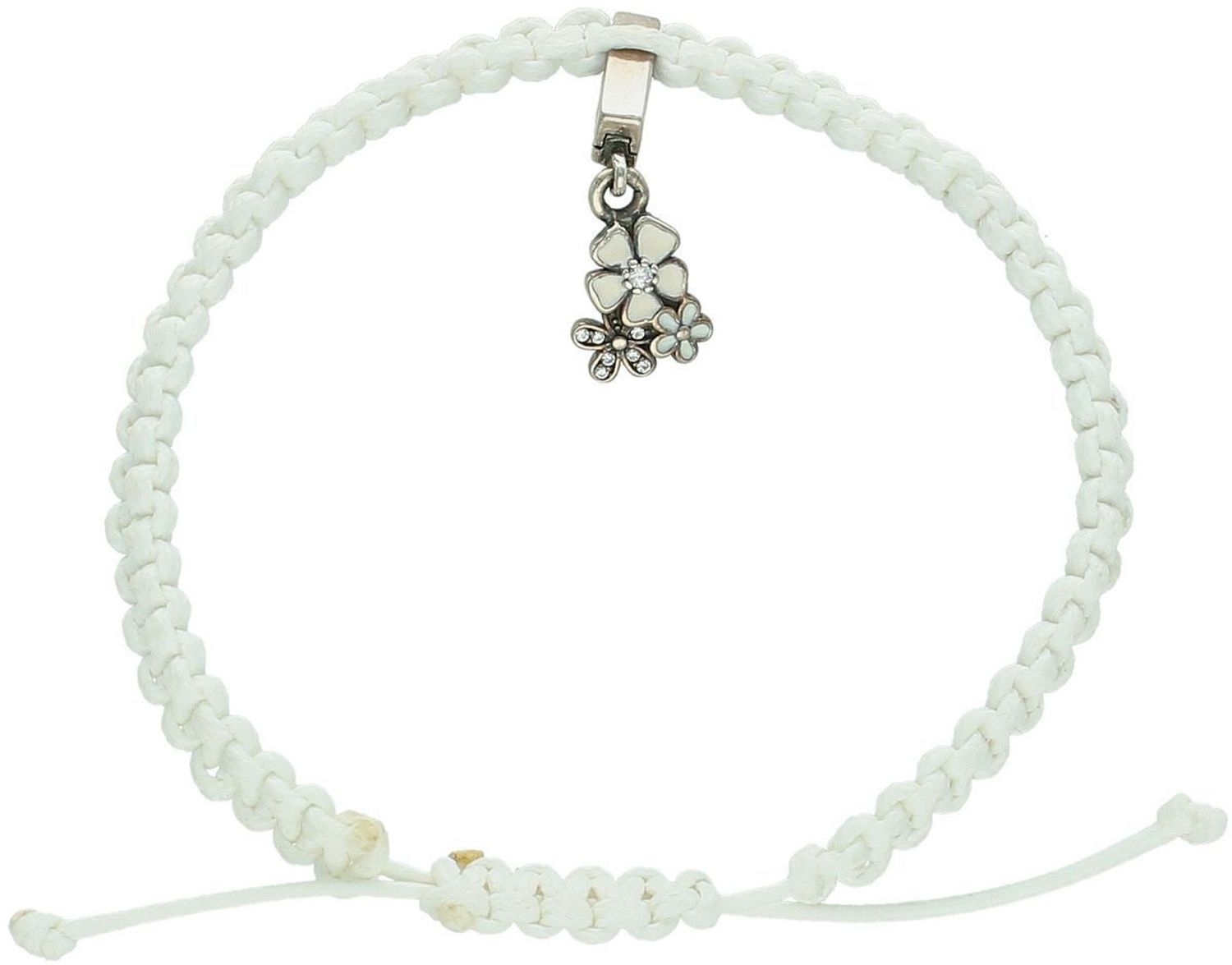 Delikatna srebrna bransoletka 925 z wiszącą zawieszką w kształcie kwiatków na białym sznurku. Regulowane zapięcie, subtelny design – idealna na prezent lub na co dzień.1.jpg