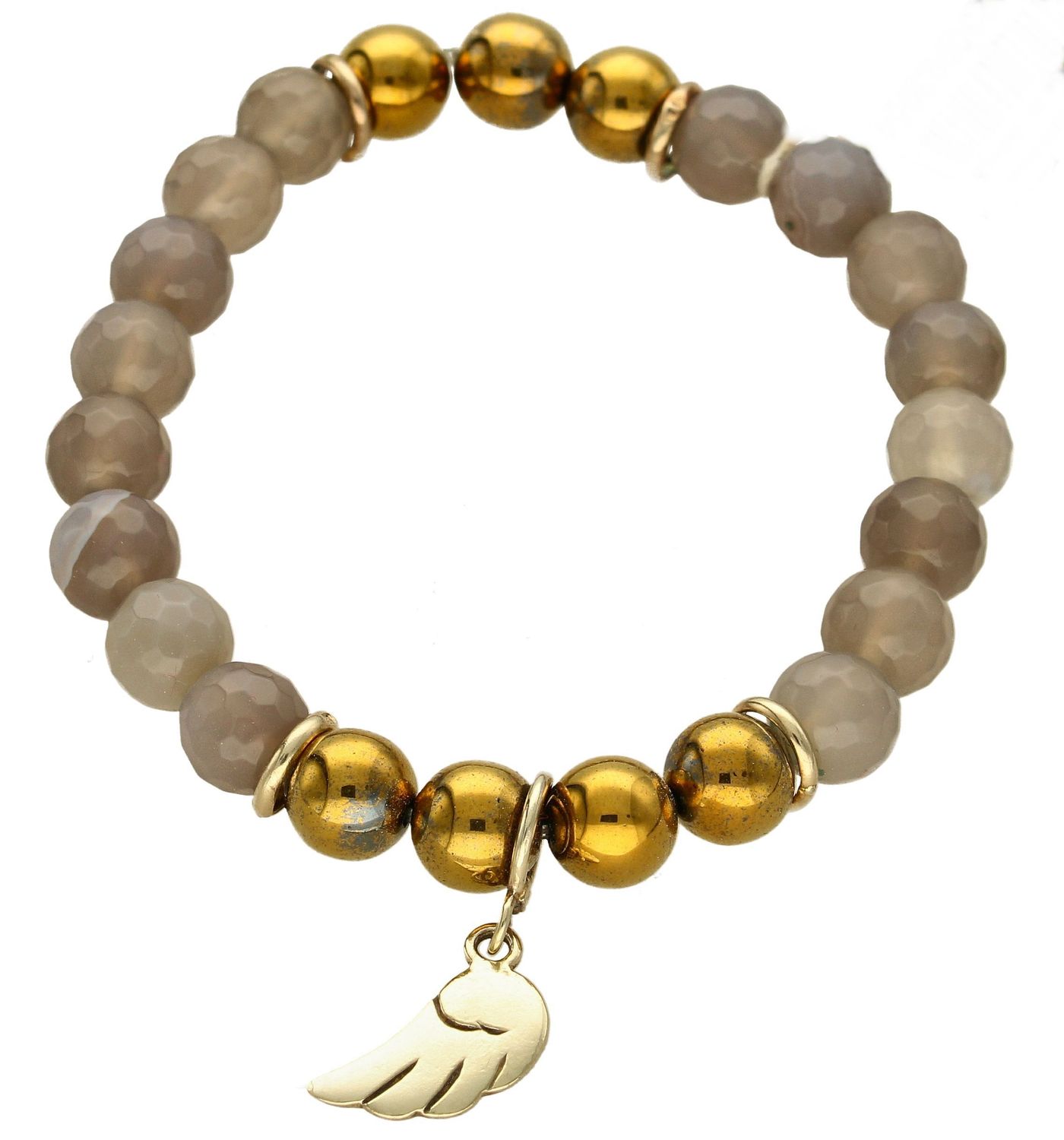 Bransoletka damska Agat i Hematyt Złocony ze Skrzydełkiem DIA-BRA-5642-INNE. Bransoletka damska na gumce ze skrzydełkiem. Bransoletka z Agatem i Hematytem.  (2).jpg