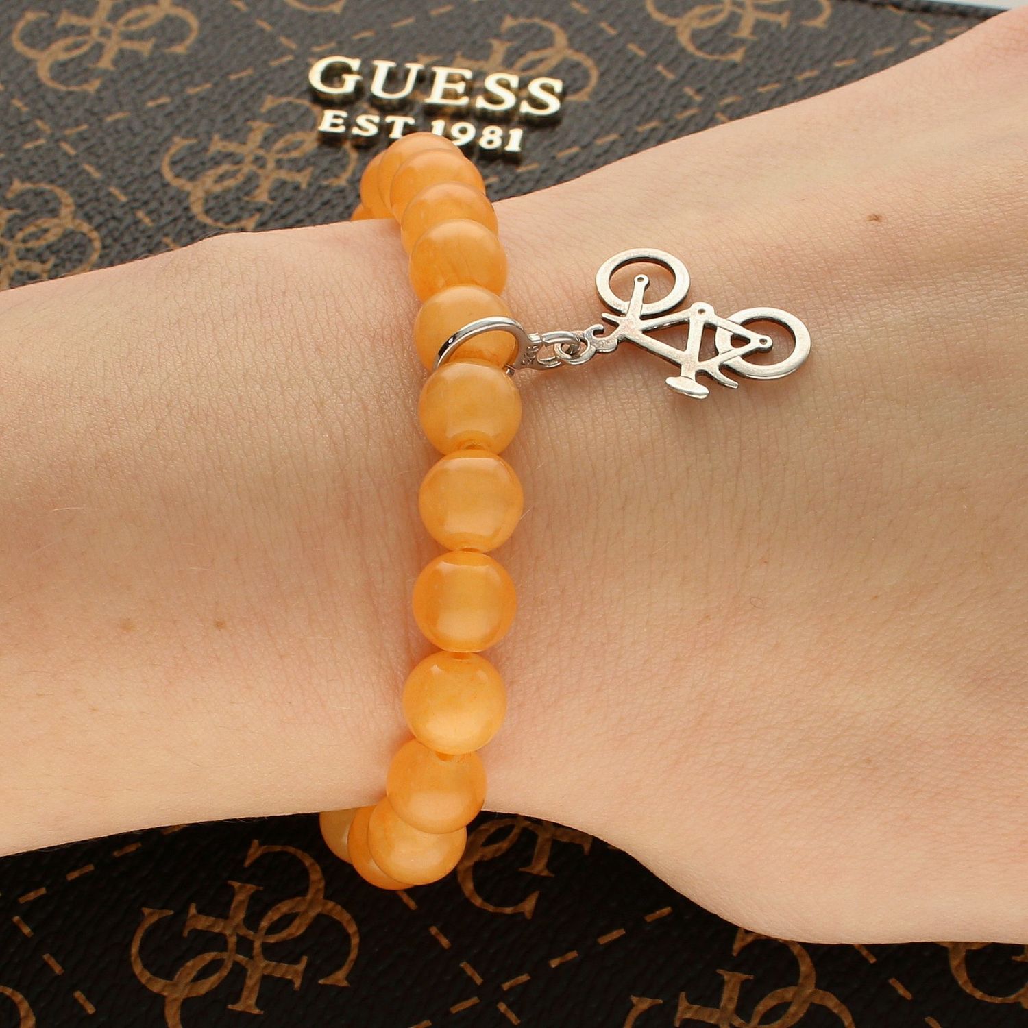 Bransoletka damska koraliki kamień Jadeit DIA-BRA-5653-INNE. Bransoletka damska z koralików. Bransoletka koraliki pomarańczowy kolor. Bransoletka z kamieni naturalnych. Bransoletka kamień Jadeit (2).jpg