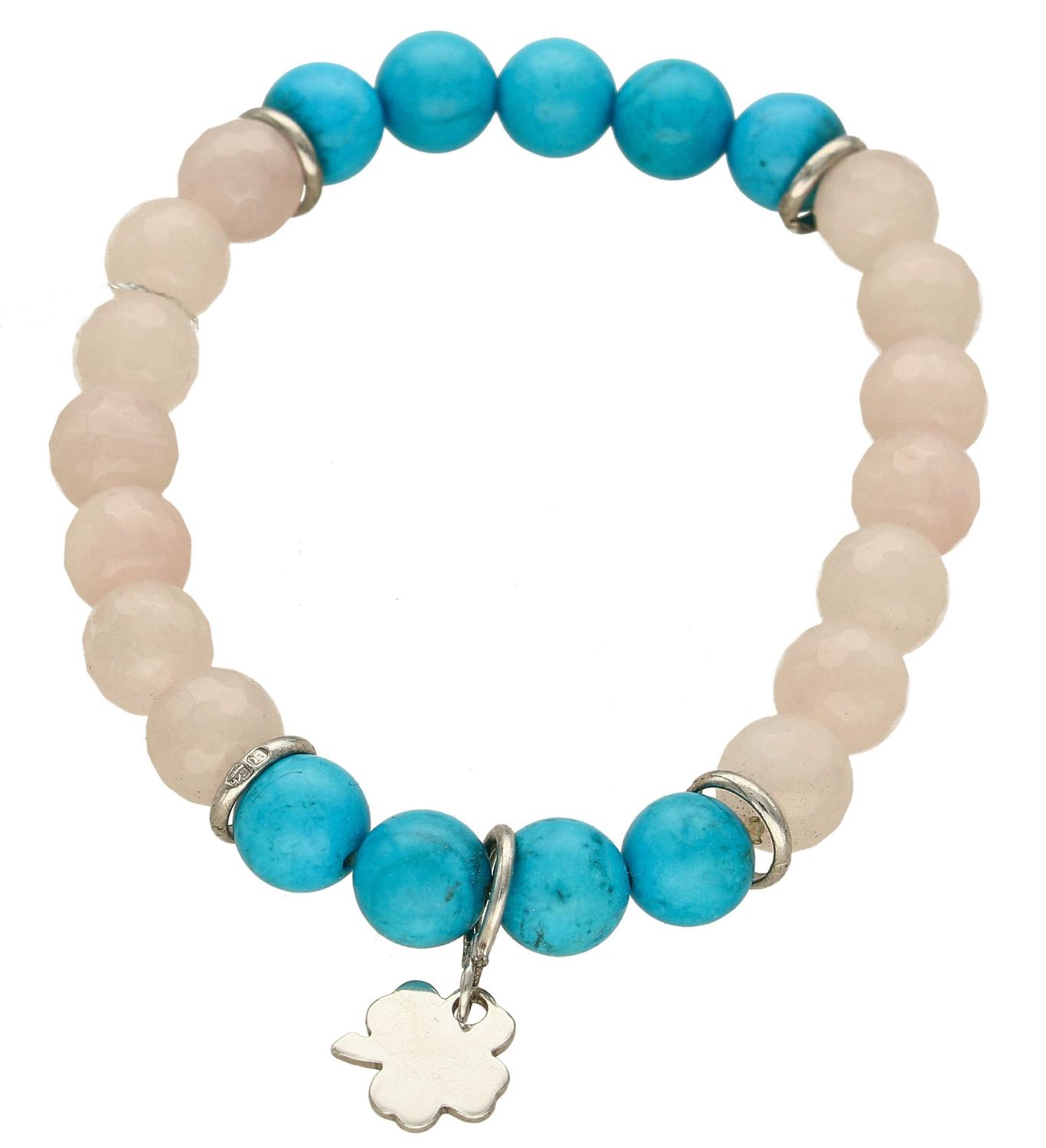 Bransoletka z kwarcem różowym i turkusem zawieszka koniczynka DIA-BRA-5656-INNE. Bransoletka z koralików. Bransoletka Kwarc różowy. Bransoletka turkus. Bransoletka damska z koniczynką na szczęście (2).jpg