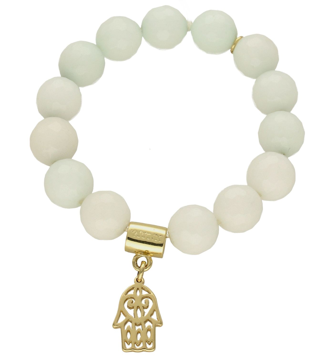 Bransoletka damska na gumce mleczne koraliki z pozłoconą ręką fatimy DIA-BRA-5671-INNE.  Bransoletka na gumce to biżuteria cechująca się one oryginalnością i wygodą, która zachwyci każdą kobietę. Oryginalny  pomysł na prezen.jpg