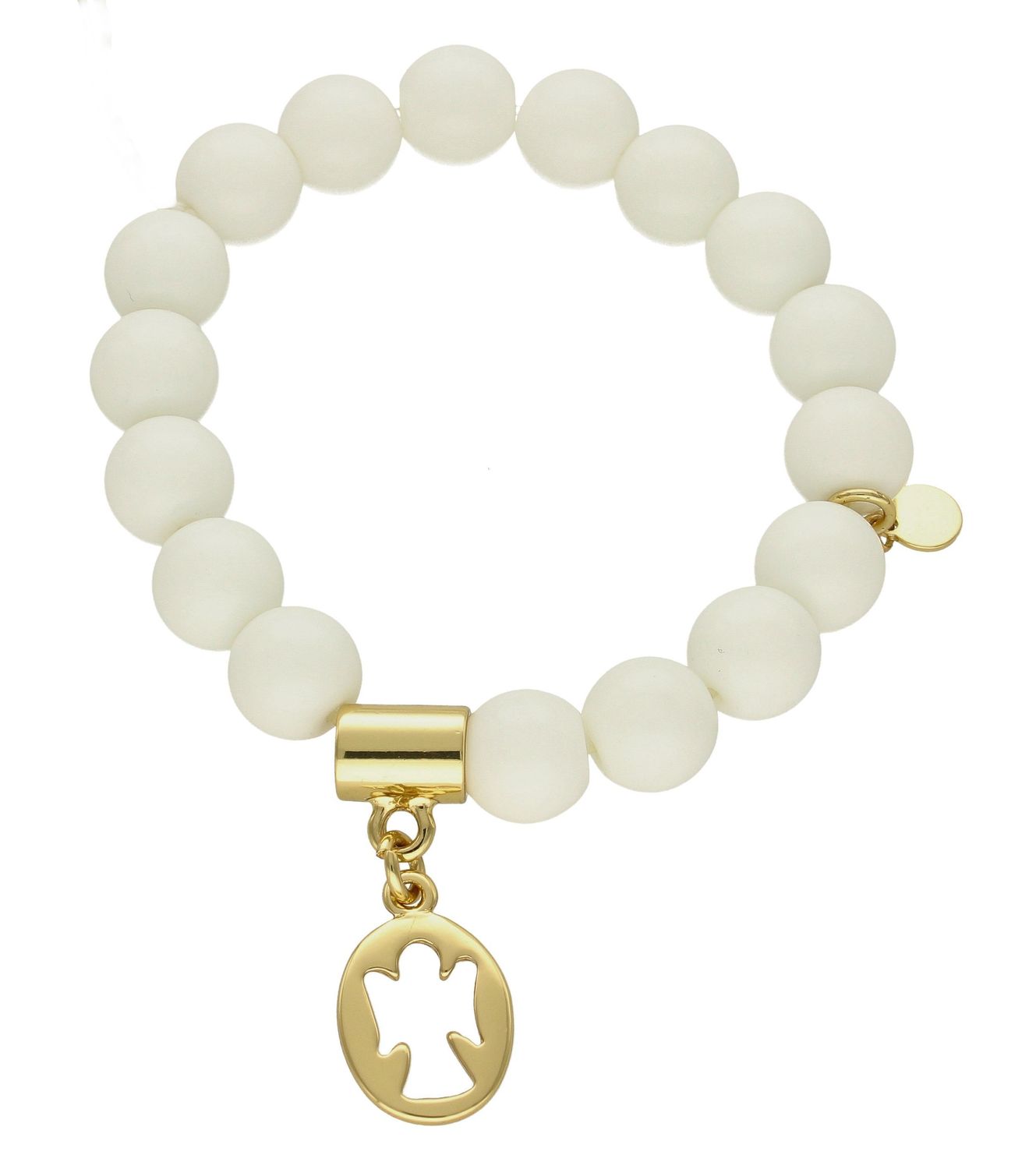 Bransoletka damska na gumce białe koraliki z aniołkiem  DIA-BRA-5674-INNE. Bransoletka damska z koralików. Bransoletka damska biała. Bransoletka damska z pozłacanymi elementami. Bransoletka damska z zawieszką aniołek (1).jpg