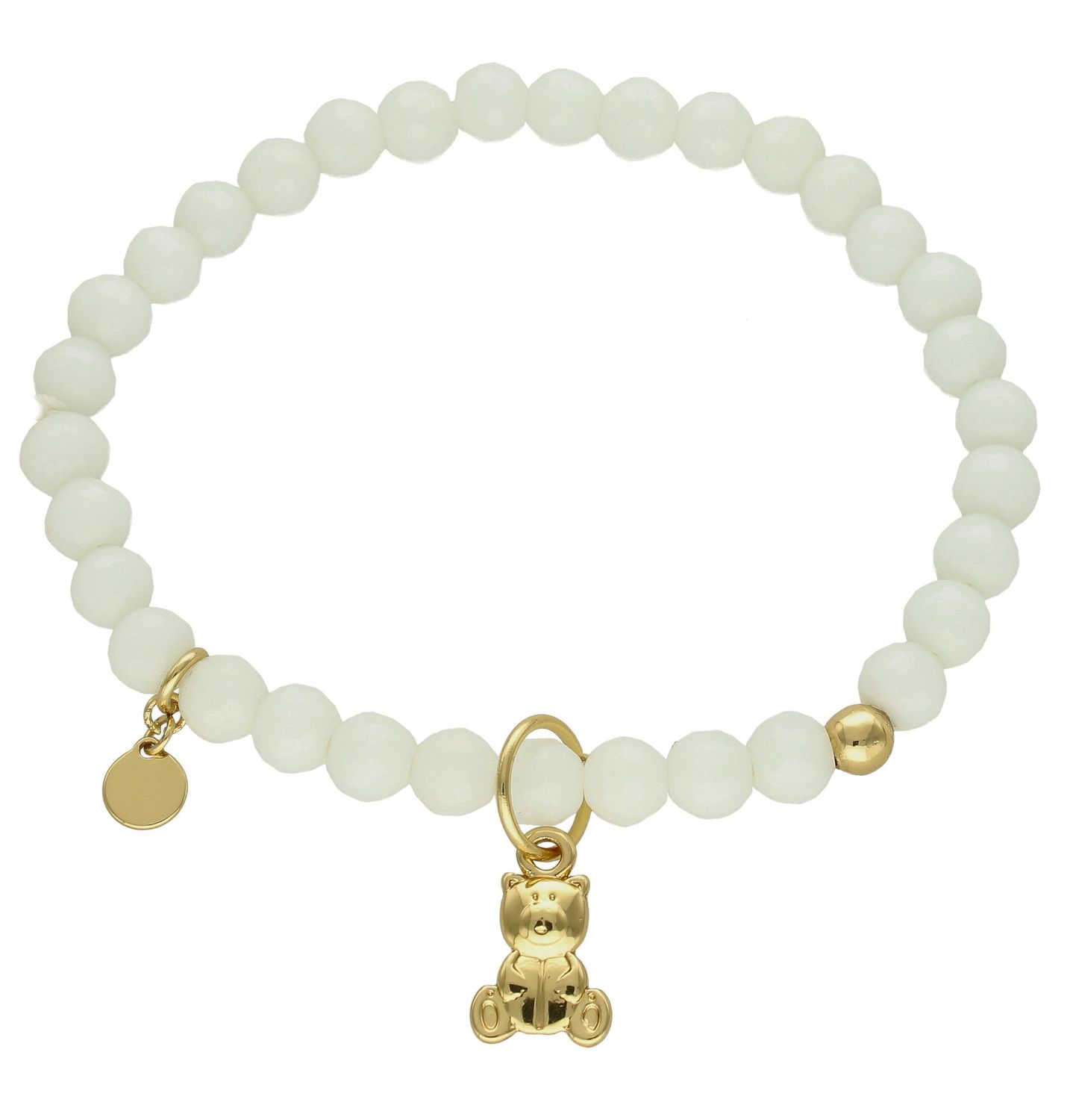 Bransoletka damska na gumce białe koraliki z pozłacanym misiem DIA-BRA-5678-INNE.  Bransoletka damska koraliki. Bransoletka damska biała. Bransoletka damska z misiem. Bransoletka damska na gumce. Bransoletka damska idealna na  (1).jpg