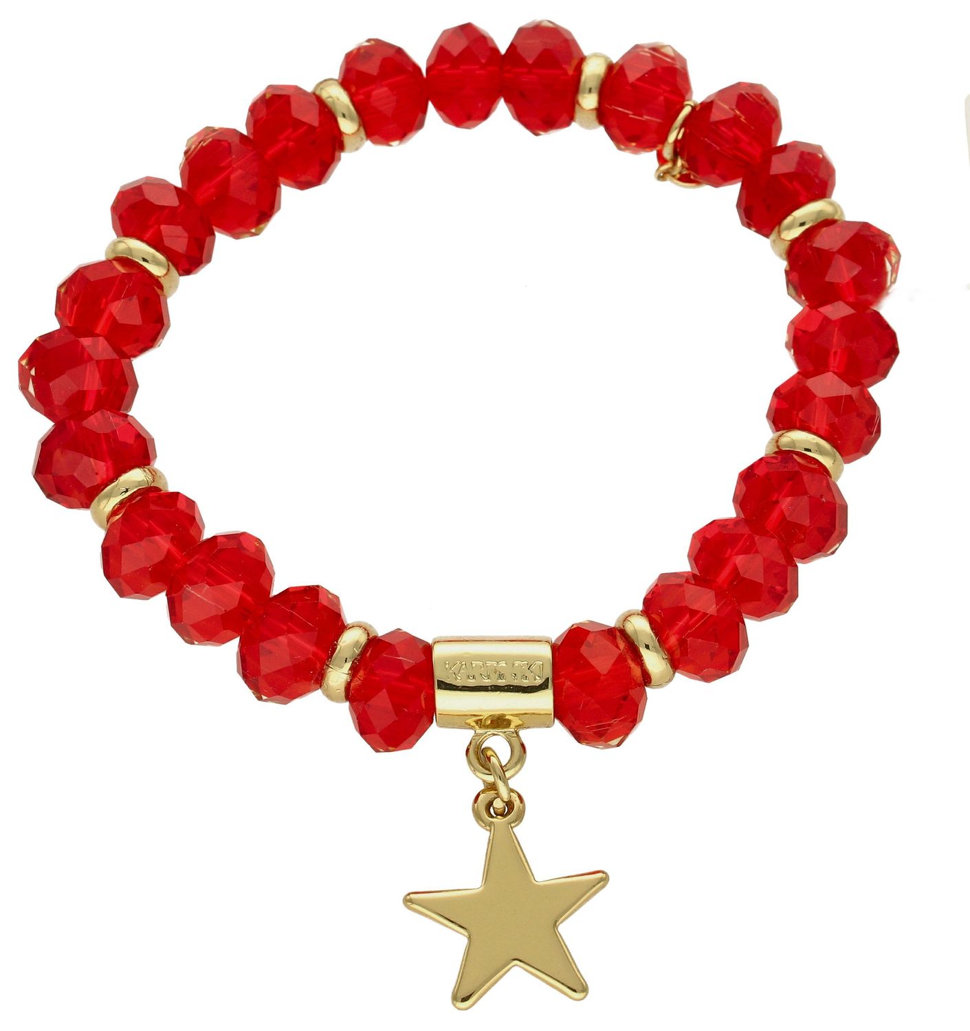 Bransoletka damska na gumce czerwone koraliki z pozłacaną gwiazdką DIA-BRA-5696-INNE. Bransoletka damska z koralików. Bransoletka damska czerwona. Bransoletka damska z pozłacanymi elementami. Bransoletka damska idealna na pr.jpg
