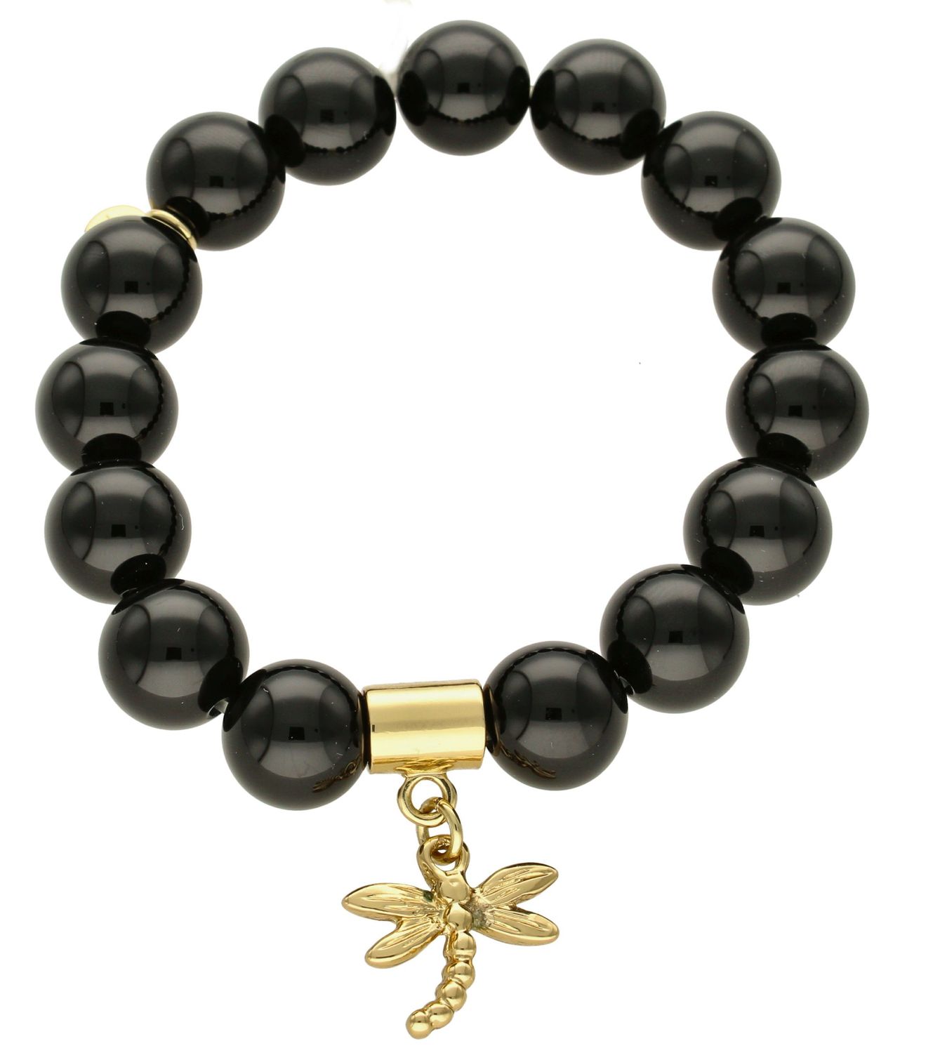 Bransoletka damska czarne duże korale z pozłacaną ważką DIA-BRA-5710-INNE. Bransoletka na gumce to biżuteria cechująca się oryginalnością i wygodą, która zachwyci każdą kobietę. Oryginalny  pomysł na prezent (1).jpg