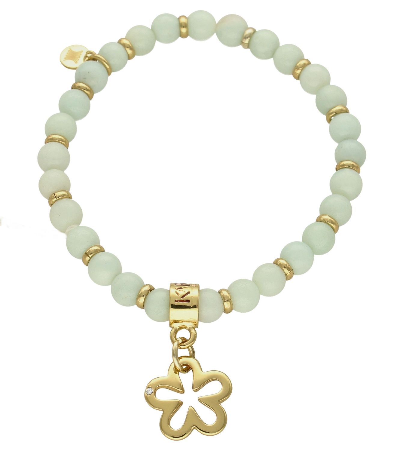 Bransoletka damska na gumce błękitne koraliki z pozłoconym kwiatkiem DIA-BRA-5725-INNE  Bransoletka na gumce to biżuteria cechująca się one oryginalnością i wygodą, która zachwyci każdą kobietę. Oryginalny  pomysł na prezent (1).jpg