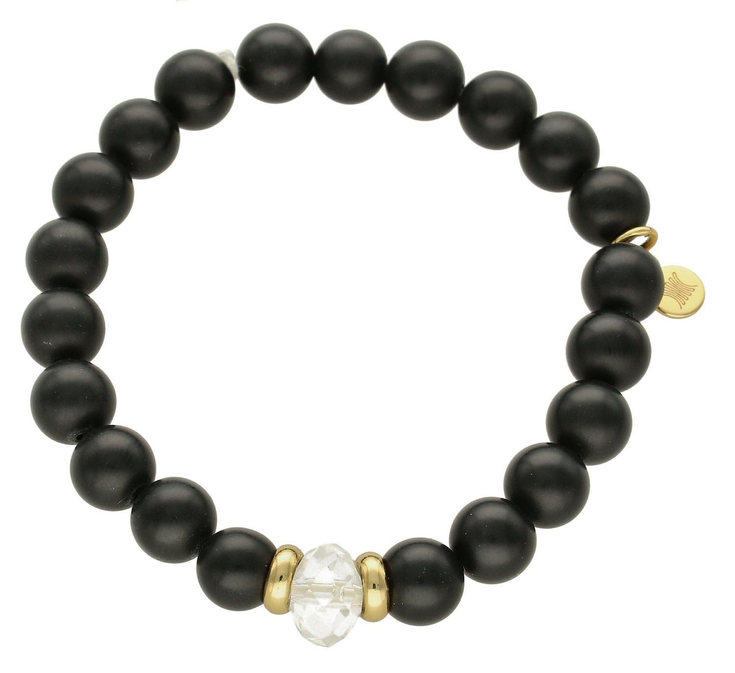 Bransoletka damska na gumce czarne koraliki ze złotymi dodatkami DIA-BRA-5728-INNE. Bransoletka damska czarna. Bransoletka z koralików. Bransoletka damska na gumce. Bransoletka damska z zawieszką. Bransoletka idealna na prez.jpg