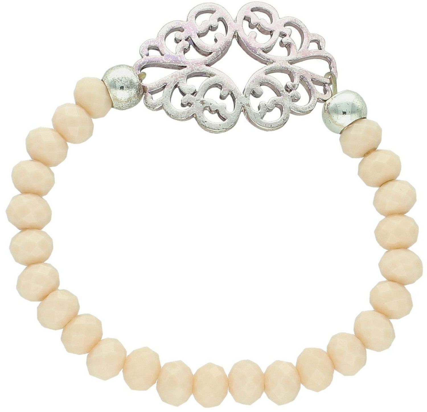 Bransoletka damska elastyczna DIA-BRA-6131-MET z beżowymi kamieniami i ażurową zawieszką 3,5x2,5 cm. Wygodna, kobieca, idealna na prezent i do codziennych stylizacji.1.jpg