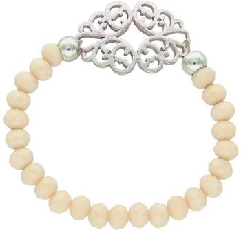Bransoletka damska elastyczna DIA-BRA-6131-MET z beżowymi kamieniami i ażurową zawieszką 3,5x2,5 cm. Wygodna, kobieca, idealna na prezent i do codziennych stylizacji.1.jpg