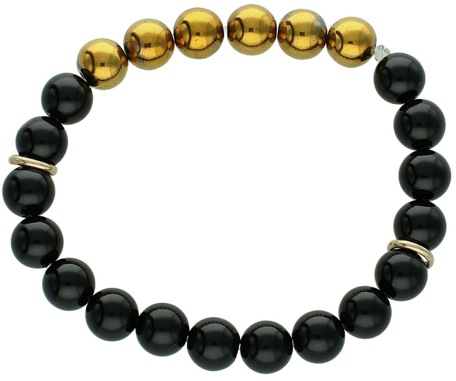 Modna bransoletka damska z tworzywa sztucznego, ozdobiona czarnymi i pozłacanymi kamieniami syntetycznymi 8 mm. Elastyczna, wygodna, idealna na prezent i co dzień.1.jpg