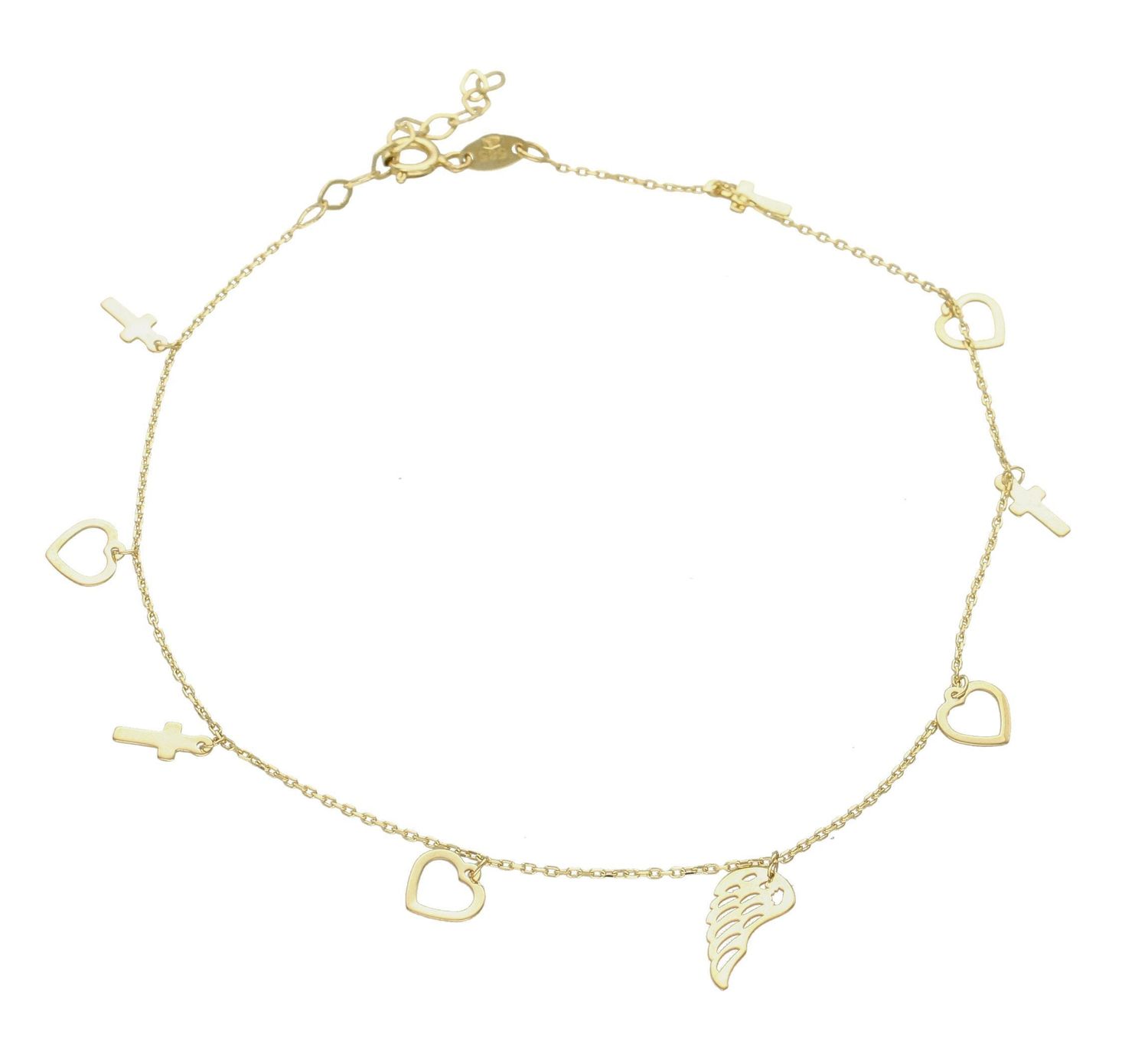 Złota bransoletka na nogę 585 z ozdobnymi zawieszkami DIA-BRA-6212-585. Złota bransoletka na nogę. Bransoletka damska na nogę. Bransoletka na nogę z zawieszkami. Bransoletka na nogę serce, krzyżyk. Branso.jpg