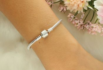 Srebrna bransoletka damska typu Pandora, wykonana z próby 925, idealna do charmsów. Długość 17 cm, waga 13,8 g. Klasyczna elegancja, idealna do stylizacji i na prezent.2D.jpg