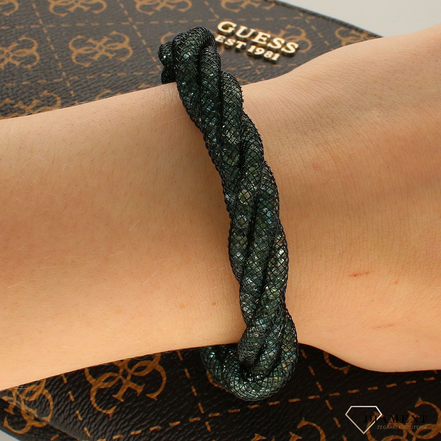 Bransoleta damska z kryształkami Swarovskiego DIA-BRA-6403-INNE. Bransoletka modowa. Bransoletka butelkowa zieleń. Bransoletka stalowa. Bransoletka damska z kryształkami Swarovskiego..jpg