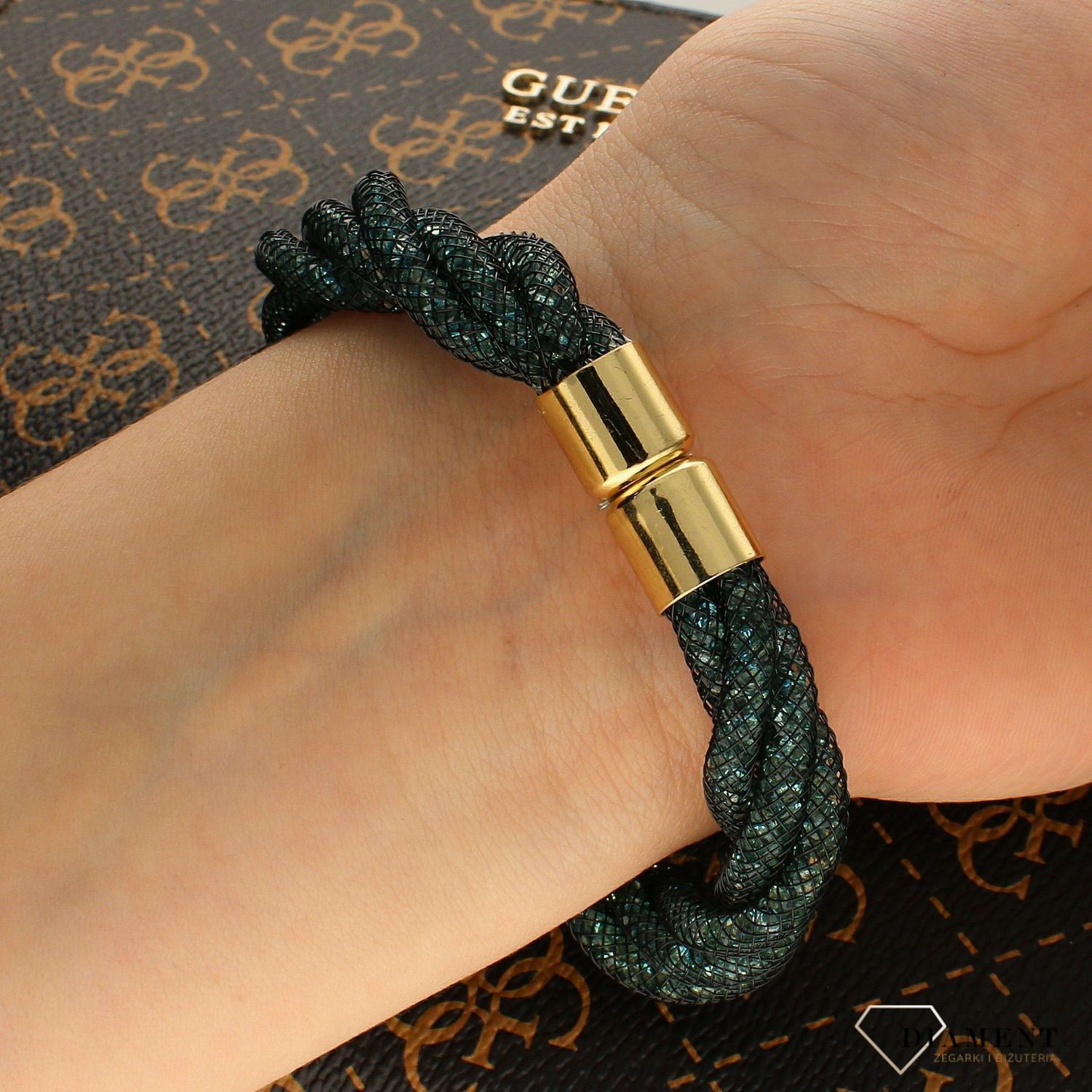 Bransoleta damska z kryształkami Swarovskiego DIA-BRA-6403-INNE. Bransoletka modowa. Bransoletka butelkowa zieleń. Bransoletka stalowa. Bransoletka damska z kryształkami Swarovskiego..jpg