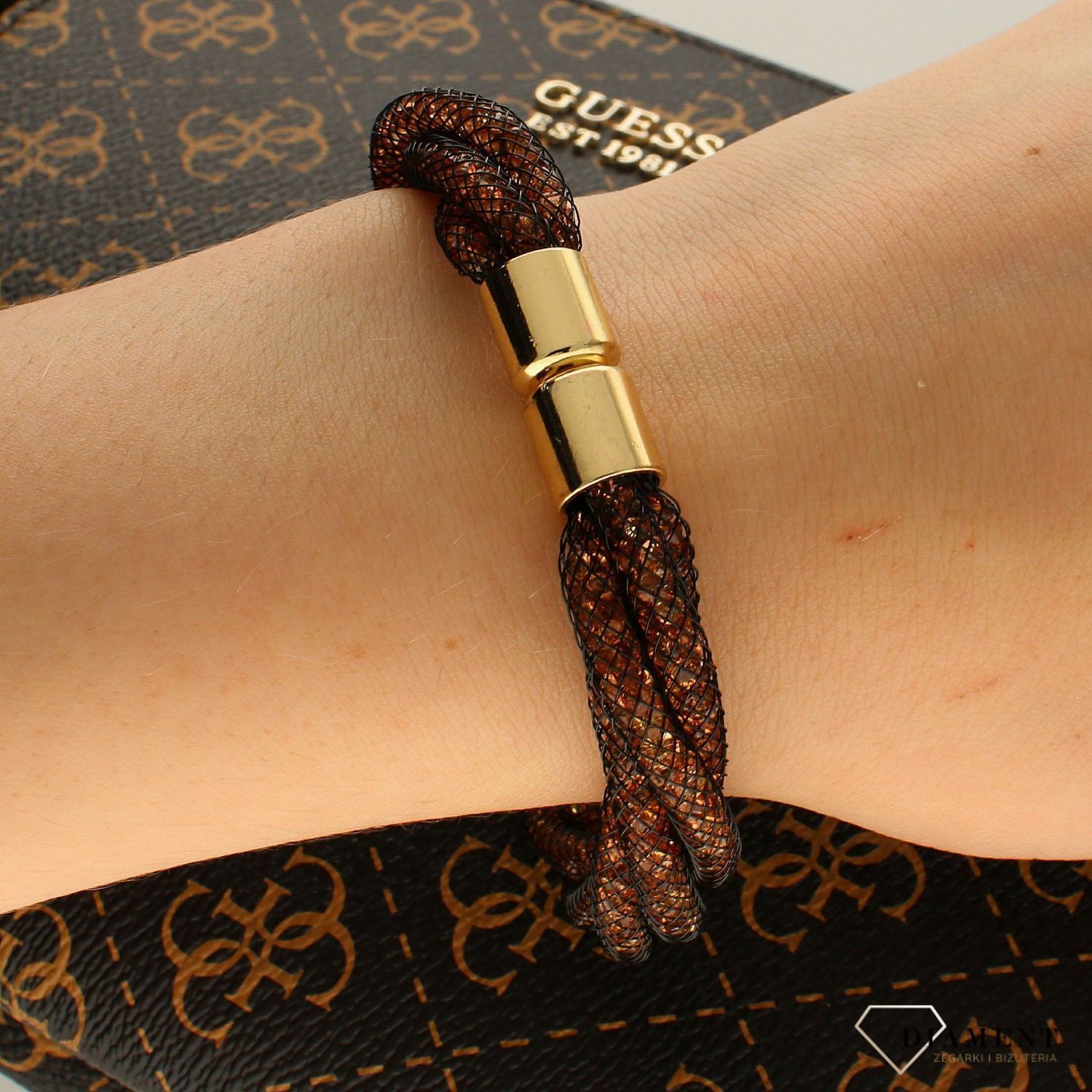 Bransoleta damska z kryształkami Swarovskiego złota DIA-BRA-6404-INNE. Bransoletka modowa. Bransoletka brązowa, złota. Bransoletka stalowa.Bransoletka damska z kryształkami Swarovskiego.jpg