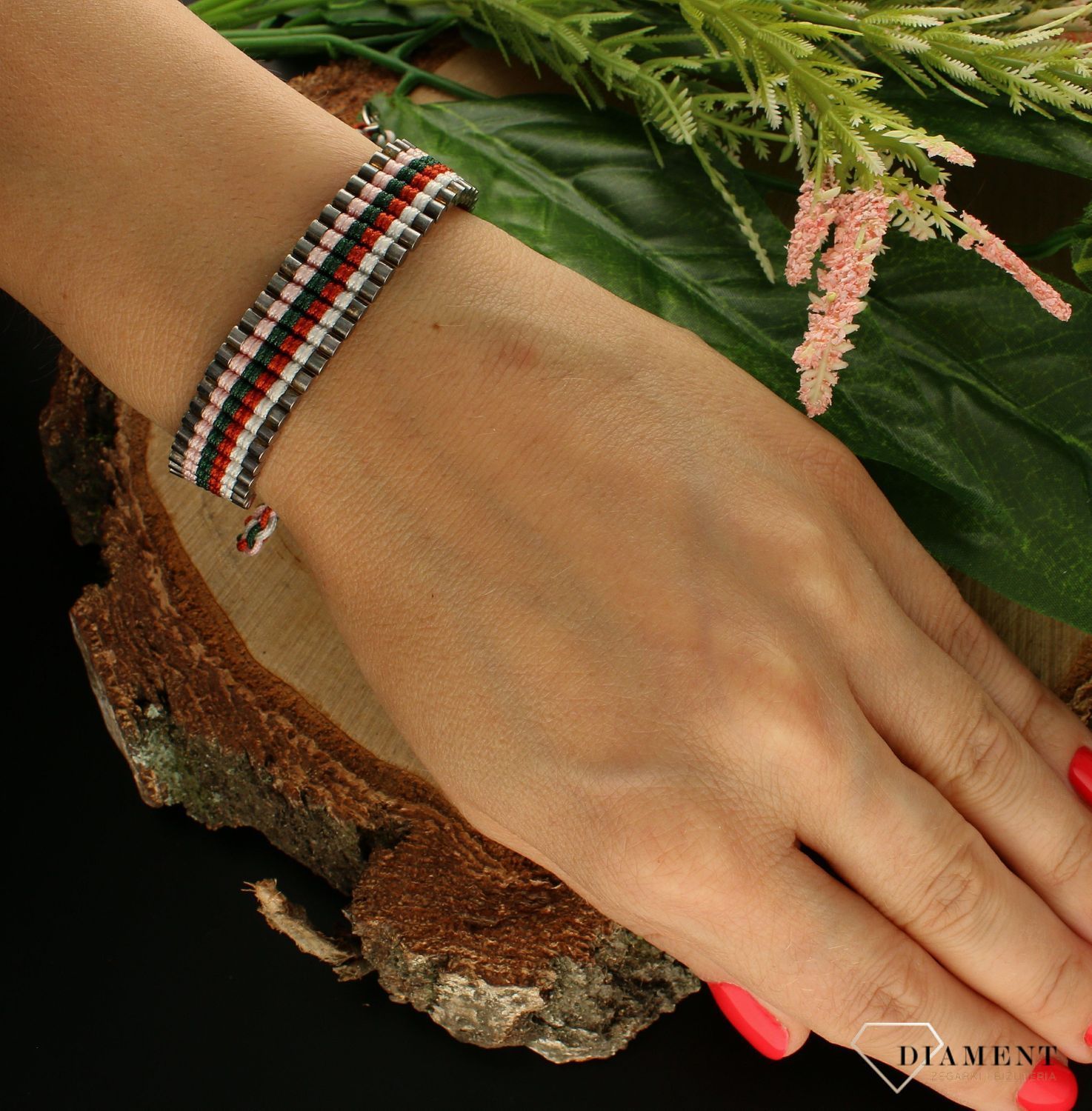 Bransoletka damska kolorowy sznurek DIA-BRA-6503-MET. Nowoczesna bransoletka damska polskiej marki By Dziubeka wykonana ze sznureczka, zdobiona stalowym elementami, stanowi doskonały prezent na każdą okazj (2).jpg