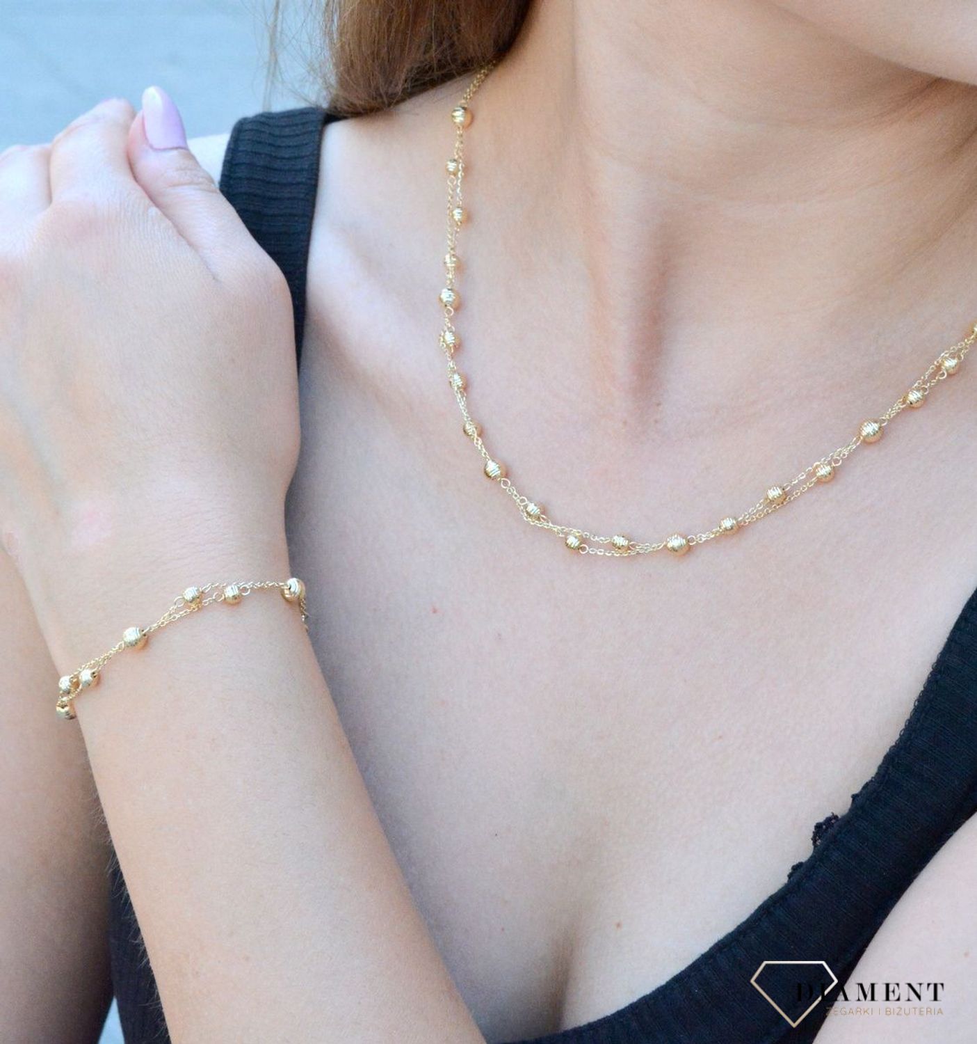 Bransoletka złota podwójny łańcuszek z kulkami złota DIA-BRA-6529-585.  Bransoletka damska złota. Bransoletka klasyczna złota. Bransoletka złota celebrytka. Złota bransoletka z kulkami złota. Złota bransoletka na każdą okazję (1).jpg