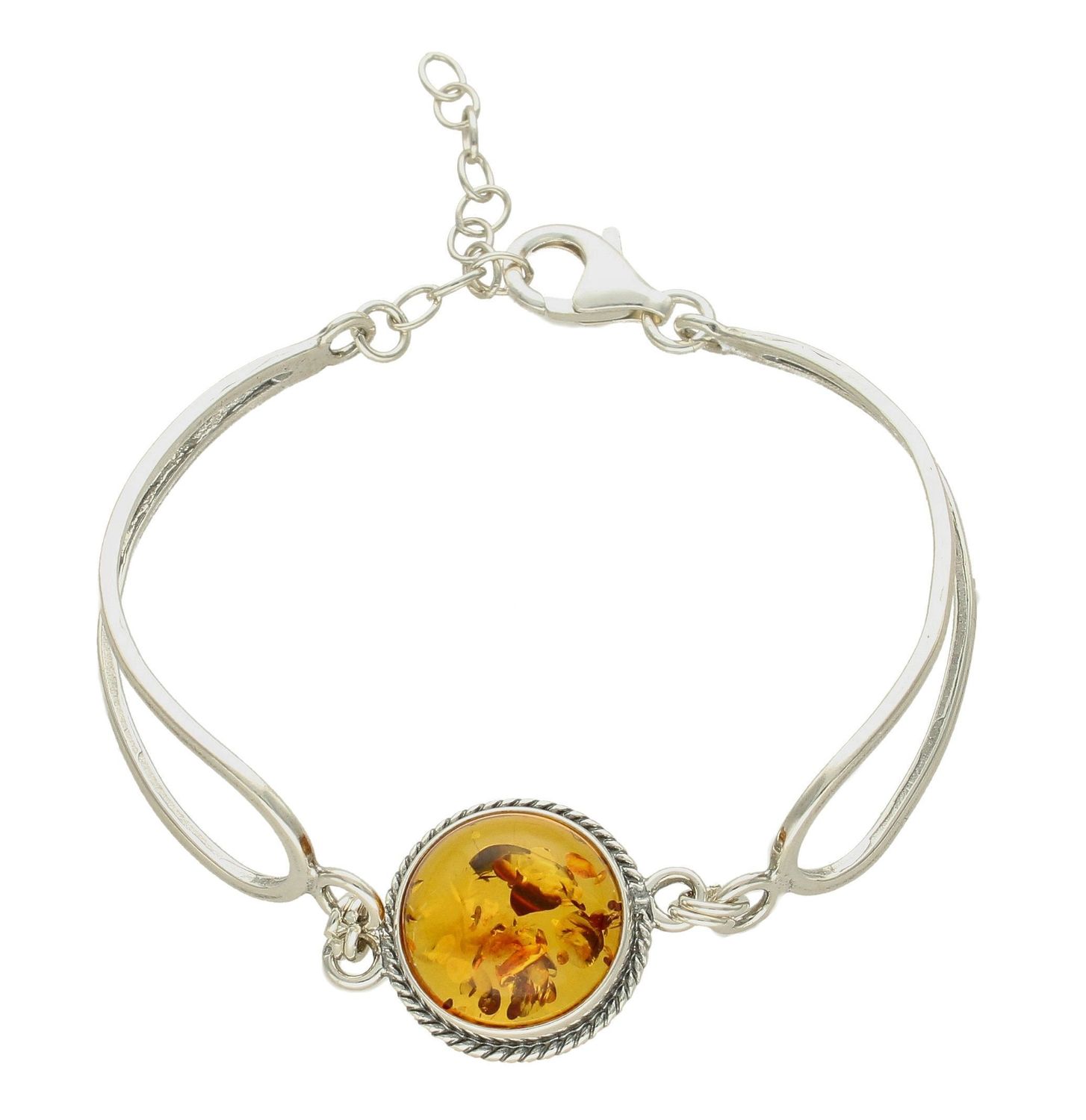 Bransoletka srebrna damska z okrągłym bursztynem DIA-BRA-7069-925. Srebrna bransoletka z  przepięknym, okrągłym bursztynem to propozycja od sklepu jubilerskiego Diament. Biżuteria dla osoby, która lubi różnorodne i odważne d.jpg
