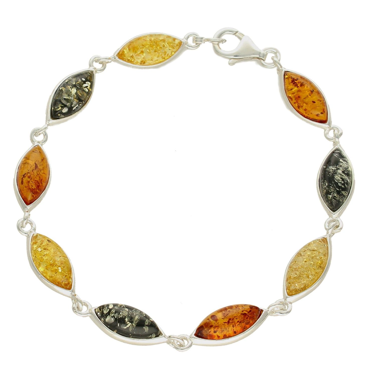 Bransoletka srebrna damska z kolorowymi bursztynami DIA-BRA-7070-925. Srebrna bransoletka z  przepięknymi podłużnymi bursztynami o różnych kolorach to propozycja od sklepu jubilerskiego Diament (1).jpg